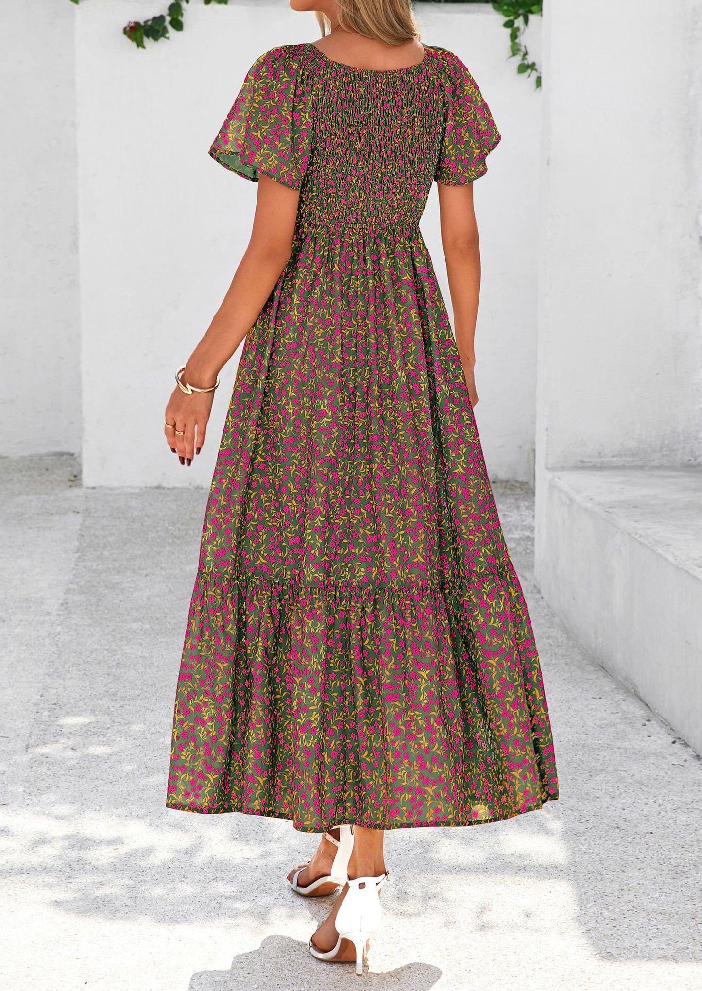 Women Floral Boho Maxi Dresses Short Sleeve V Neck Smocked A Line Long Flowy Beach Vacation Dress