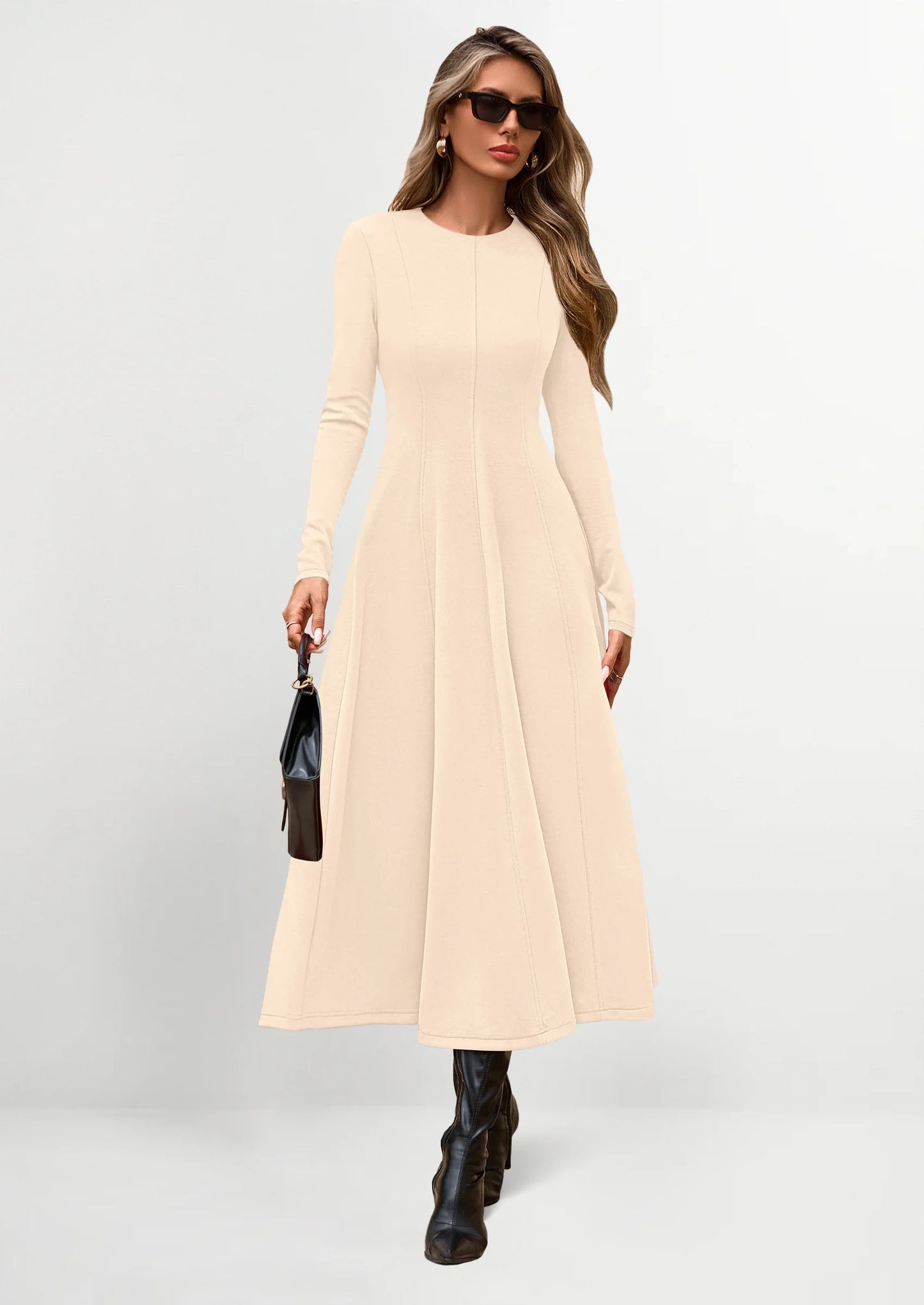 Women's Fall Long Sleeve Midi Dress Casual Elegant Ruffle Flowy A Line Swing Cocktail Party Dresses