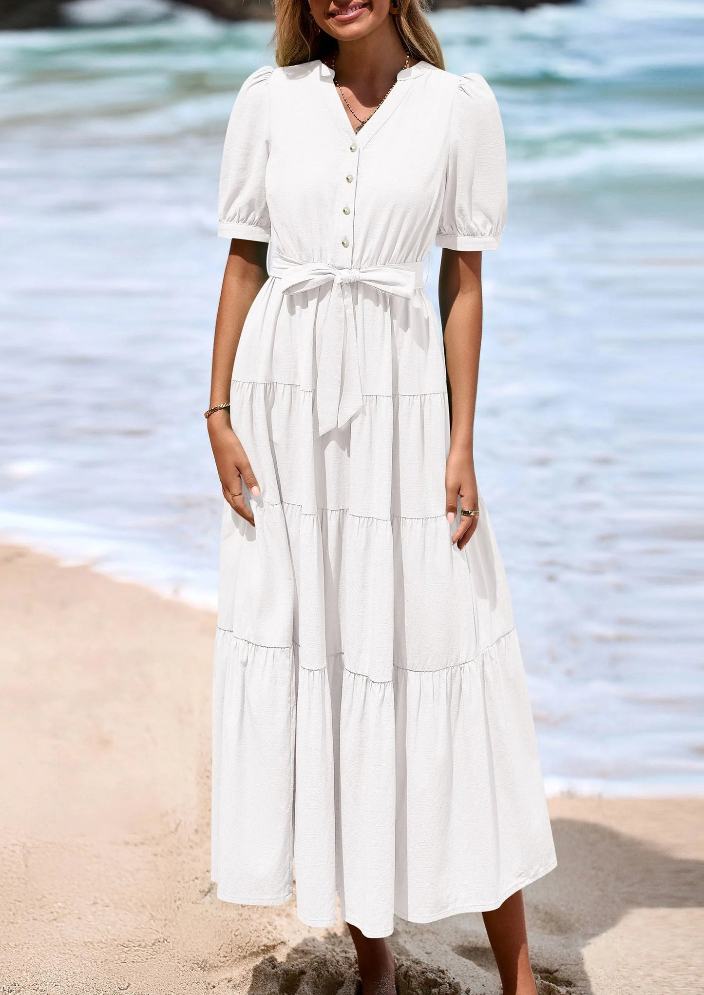 Women's Midi Dress Casual Short Sleeve V Neck Buttons Belted Ruffle A Line Flowy Dress with Pockets