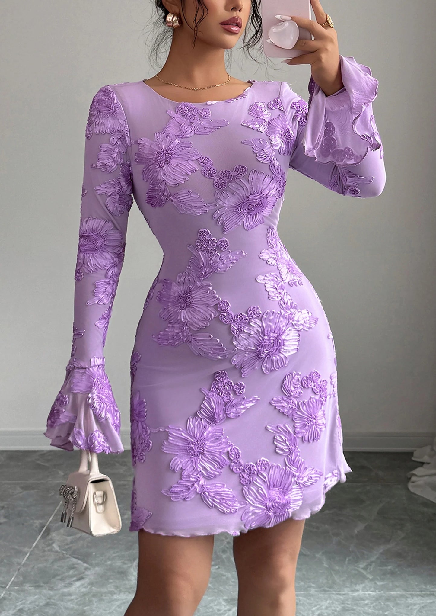 Women's Floral Embroidered Dress Fall Long Bell Sleeve Ribbon Flower Mini Short Mesh Bodycon Party Dresses