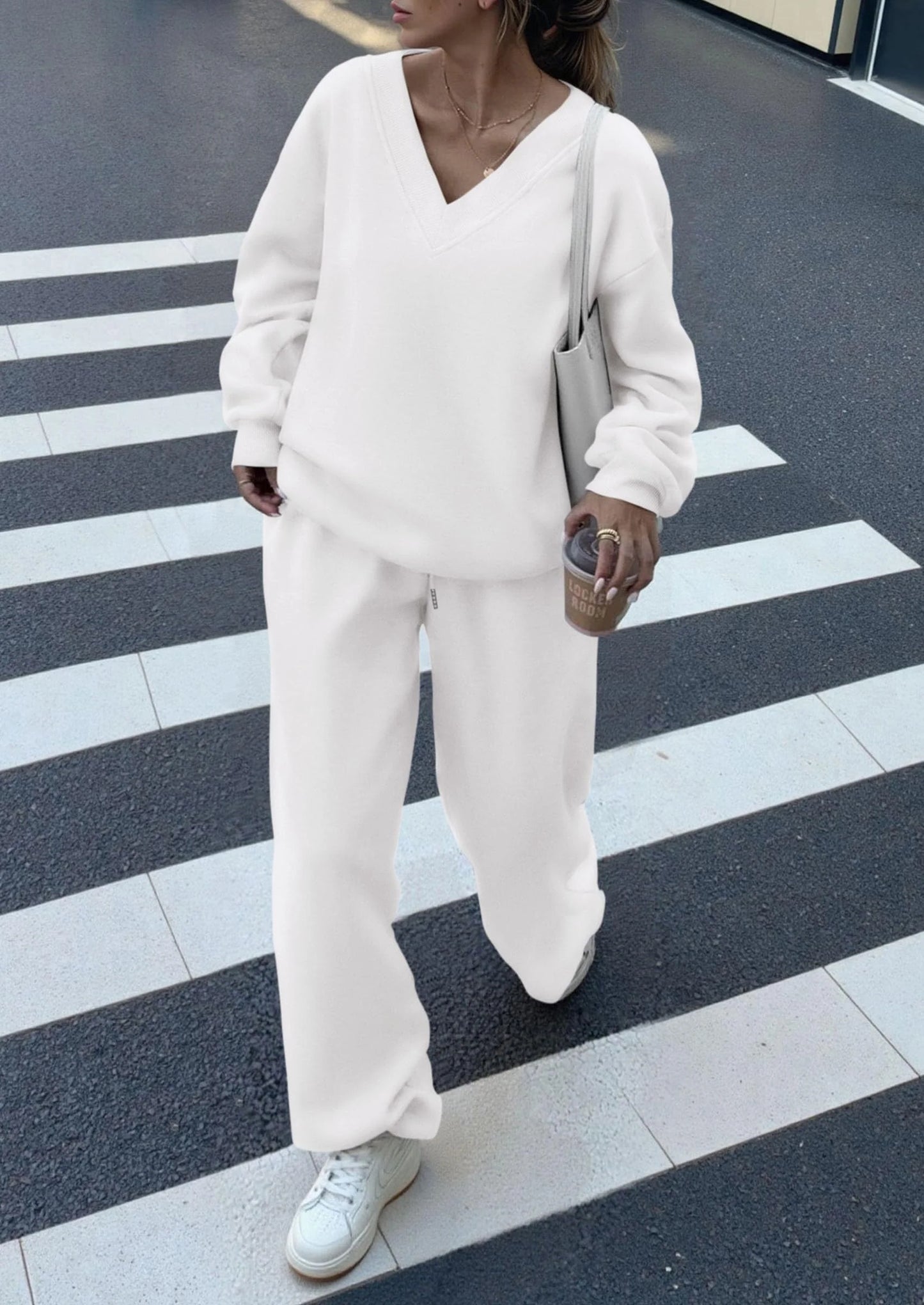 Casual Winter Two Piece Sets for Women V Neck Sweatshirt Loose Wide Leg Pants Tracksuit Knit Fall Outfits