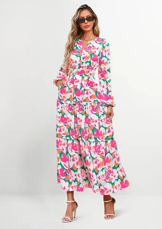 Women's Fall Boho Maxi Dresses Floral Long Sleeve V Neck Flowy Elegant Wedding Guest Dress Vacation Outfits