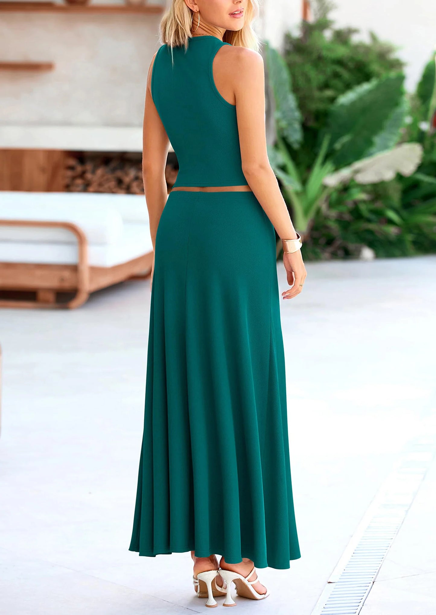 2 Piece Maxi Skirt Sets Casual Knit Cropped Tank Top High Waisted Long Skirts Outfit
