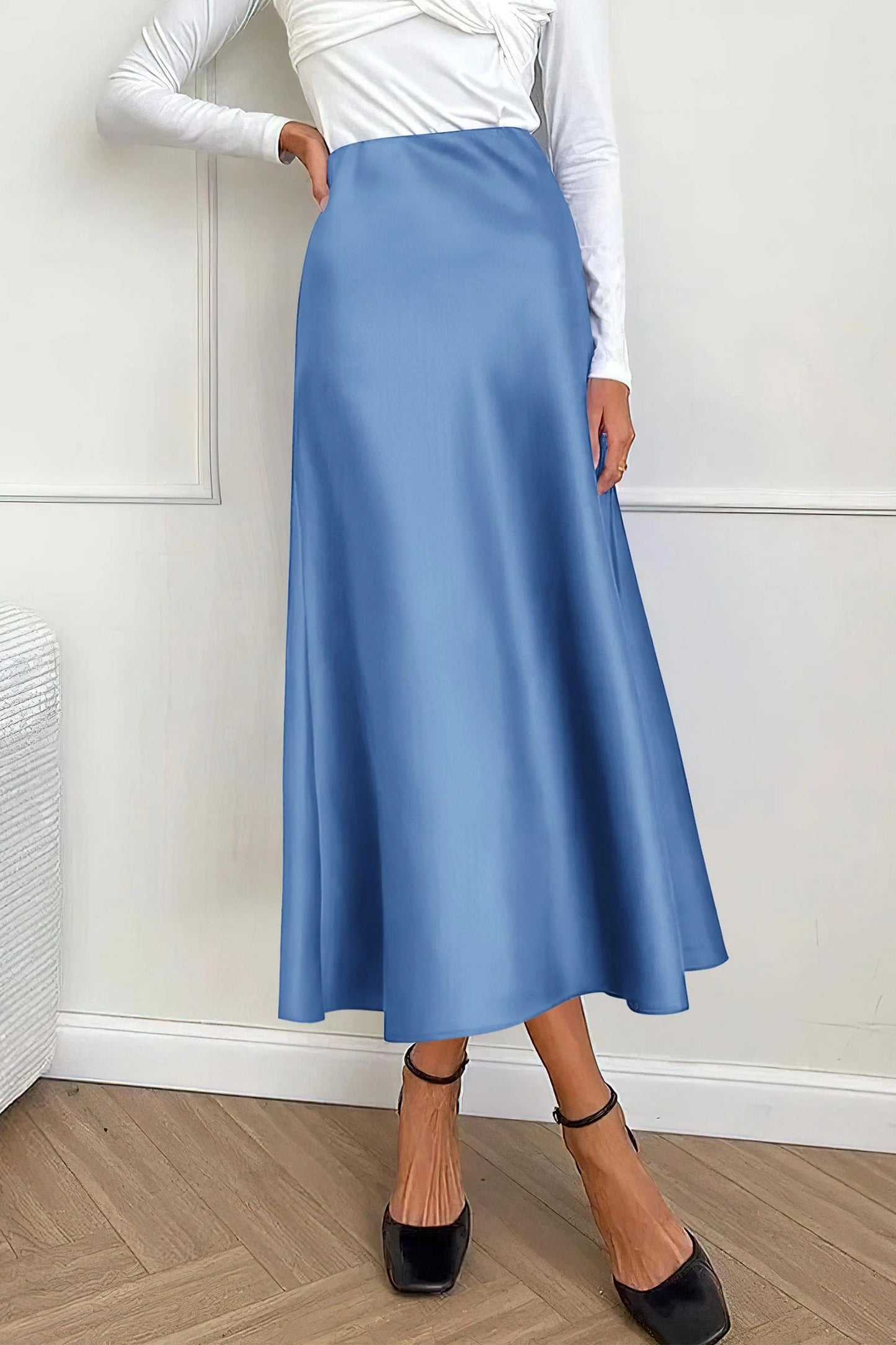 Women's Satin Skirts Dressy Casual Fall High Waisted Cocktail Wedding Flowy Elegant A Line Midi Skirt