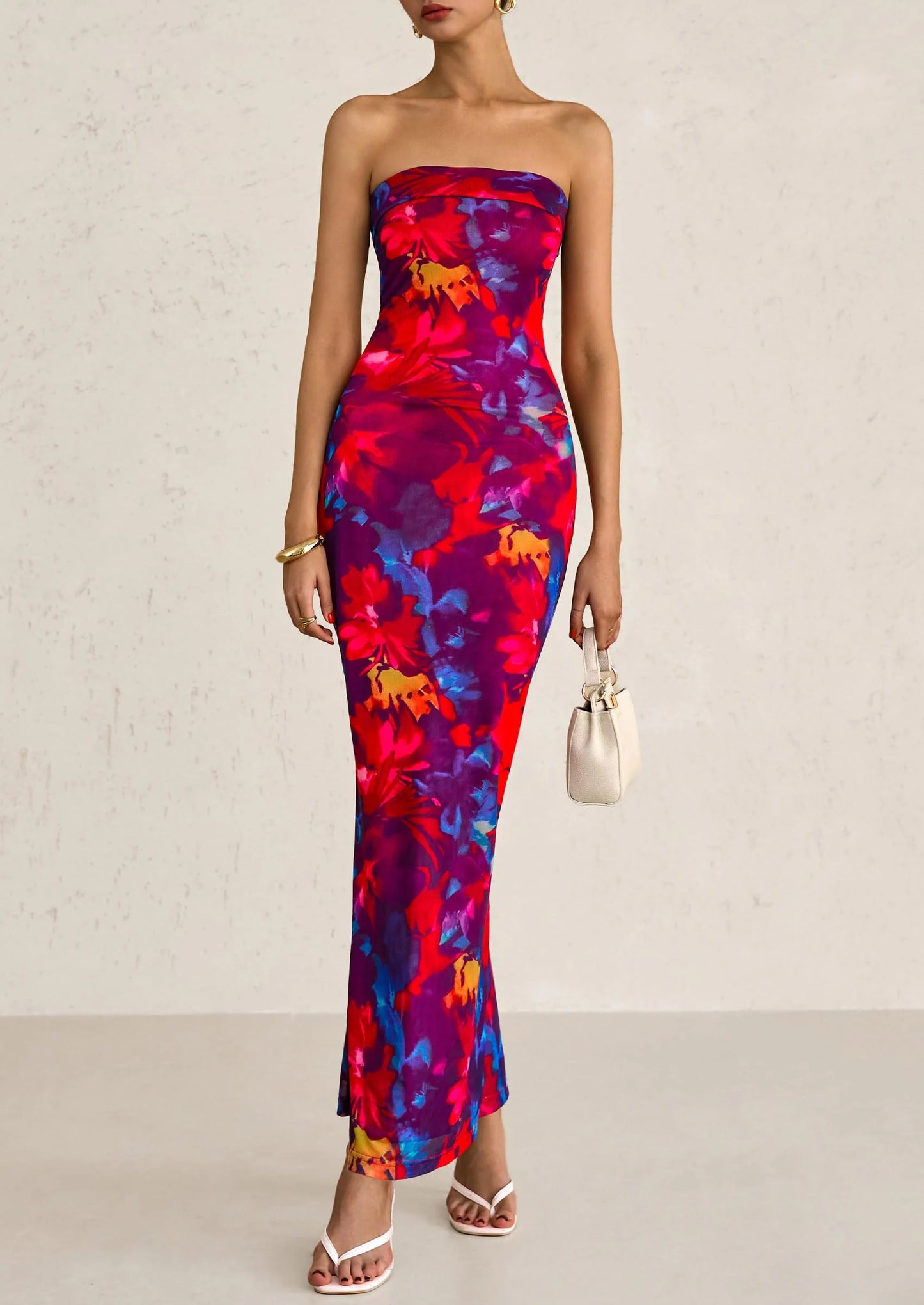 Womens Printed Tube Maxi Dress Strapless Bodycon Sleeveless Night Out Long Dresses