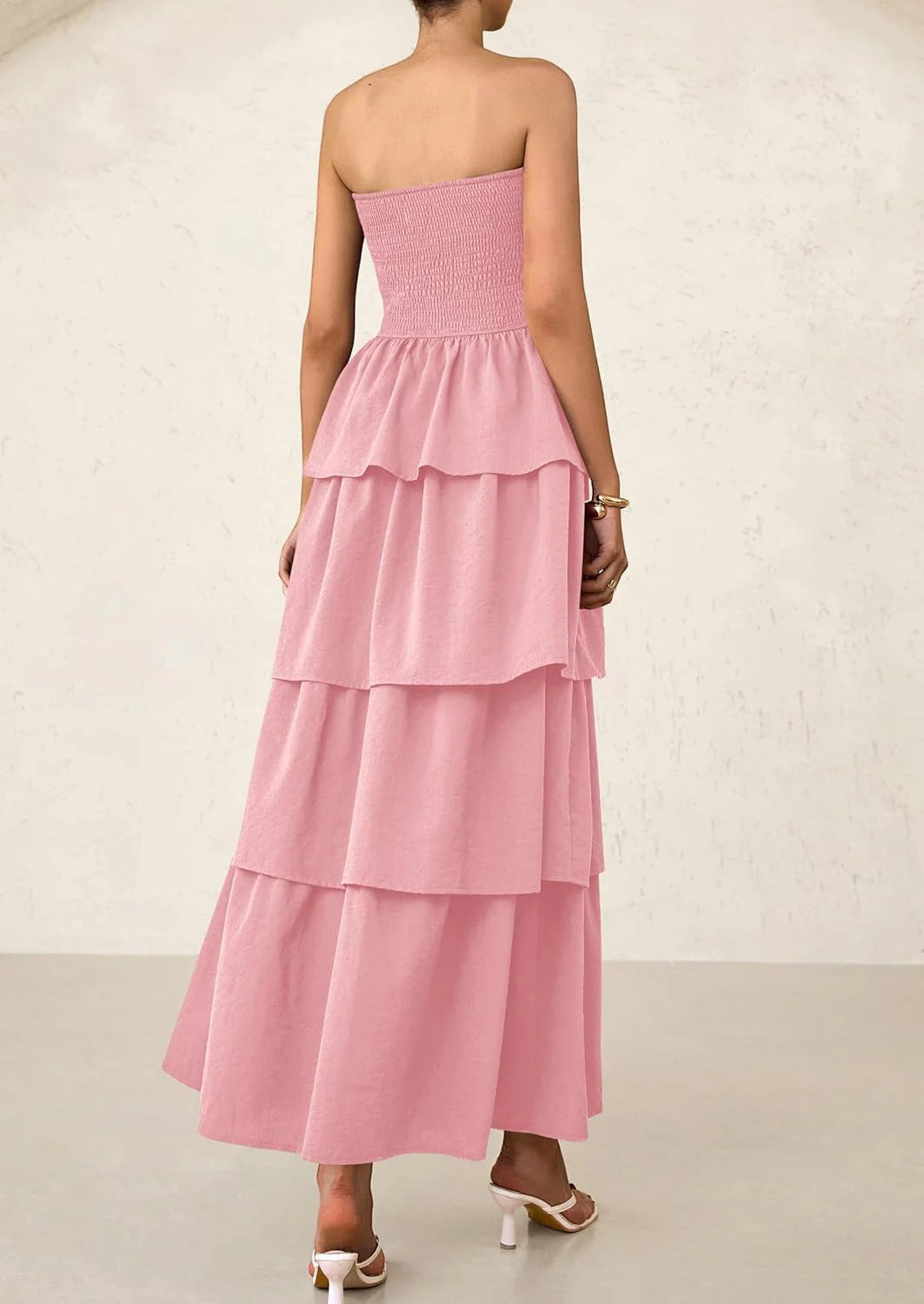 Maxi Dresses for Women Off Shoulder Smocked Tiered Ruffle Long Flowy Wedding Guest Dress