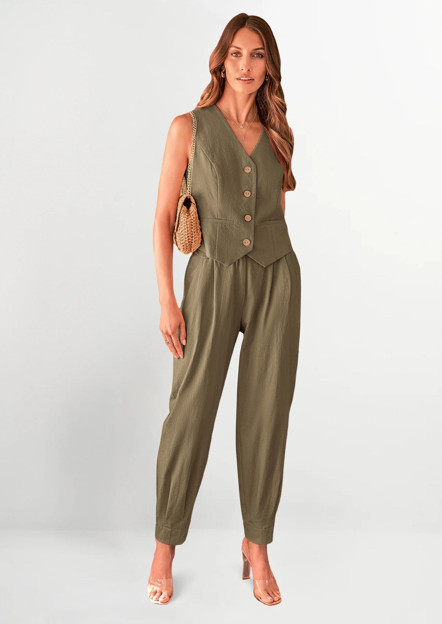 Two Piece V Neck Button Front Cropped Tank Tops Vest Pockets Pants Cotton Sets