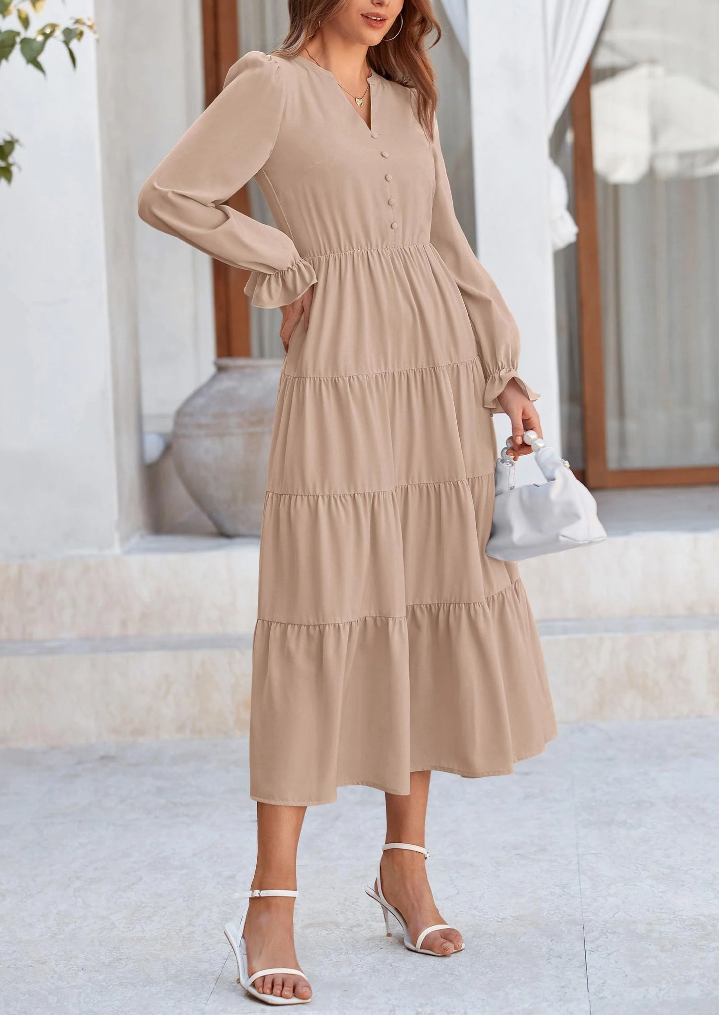 Women Fall Long Sleeve Smocked Maxi Dress Casual Square Neck Swiss Dot Tiered Ruffle Flowy Spring Pocket Dresses