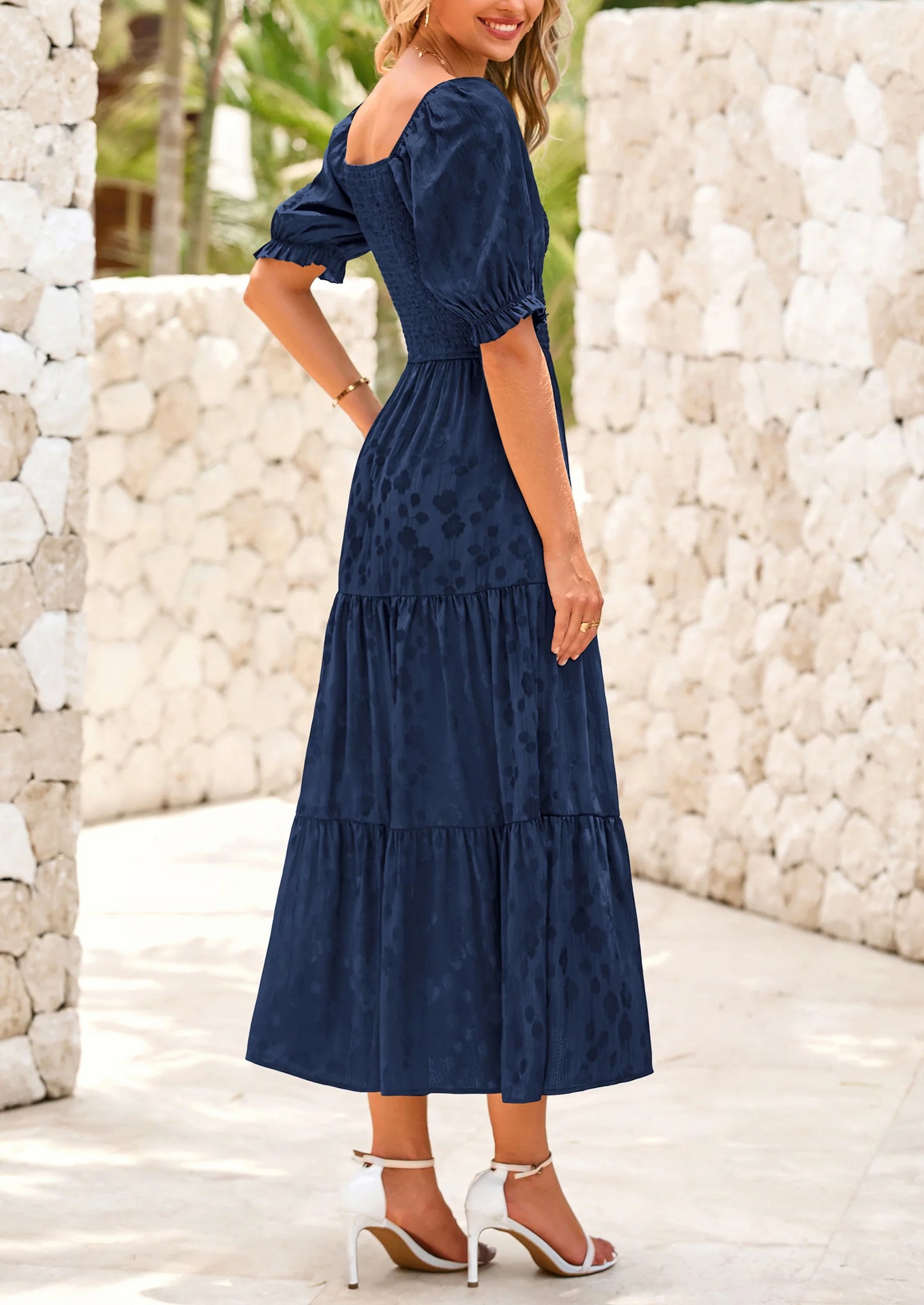Women's Casual Midi Dresses Square Neck Short Sleeve Smocked A Line Floral Flowy Elegant Boho Dress