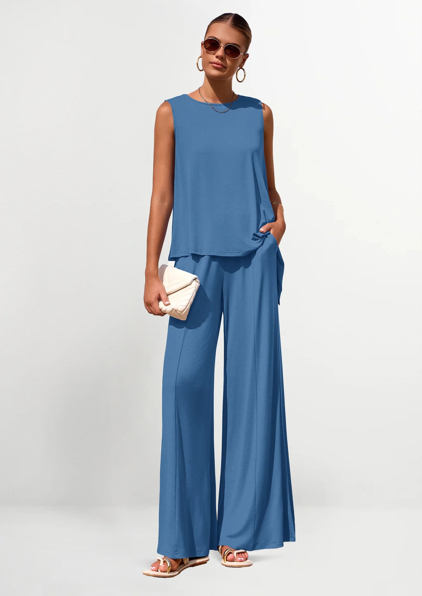 Women's Two Piece Matching Lounge Sets Asymmetrical Split Tank Tops Wide Leg Pants Summer Outfits Tracksuit