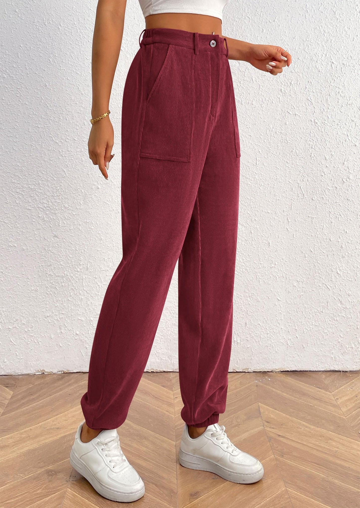 Women's Pants Dressy Casual Fall Elastic High Waisted Work Office Corduroy Trouser Slacks with Pockets