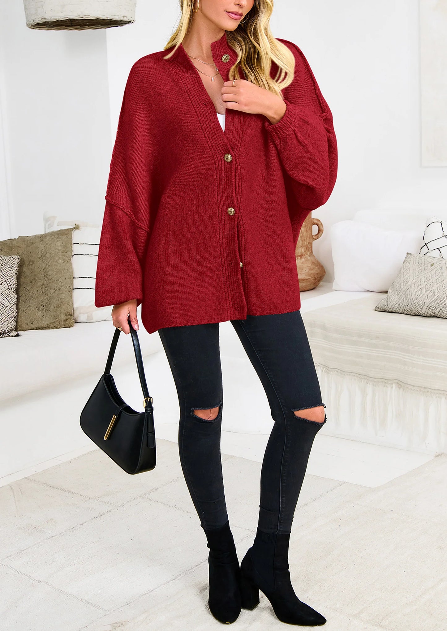 Women's Winter Button Down Cardigan Sweaters Mock Neck Lantern Long Sleeve Chunky Knit Jacket Trendy Outerwear