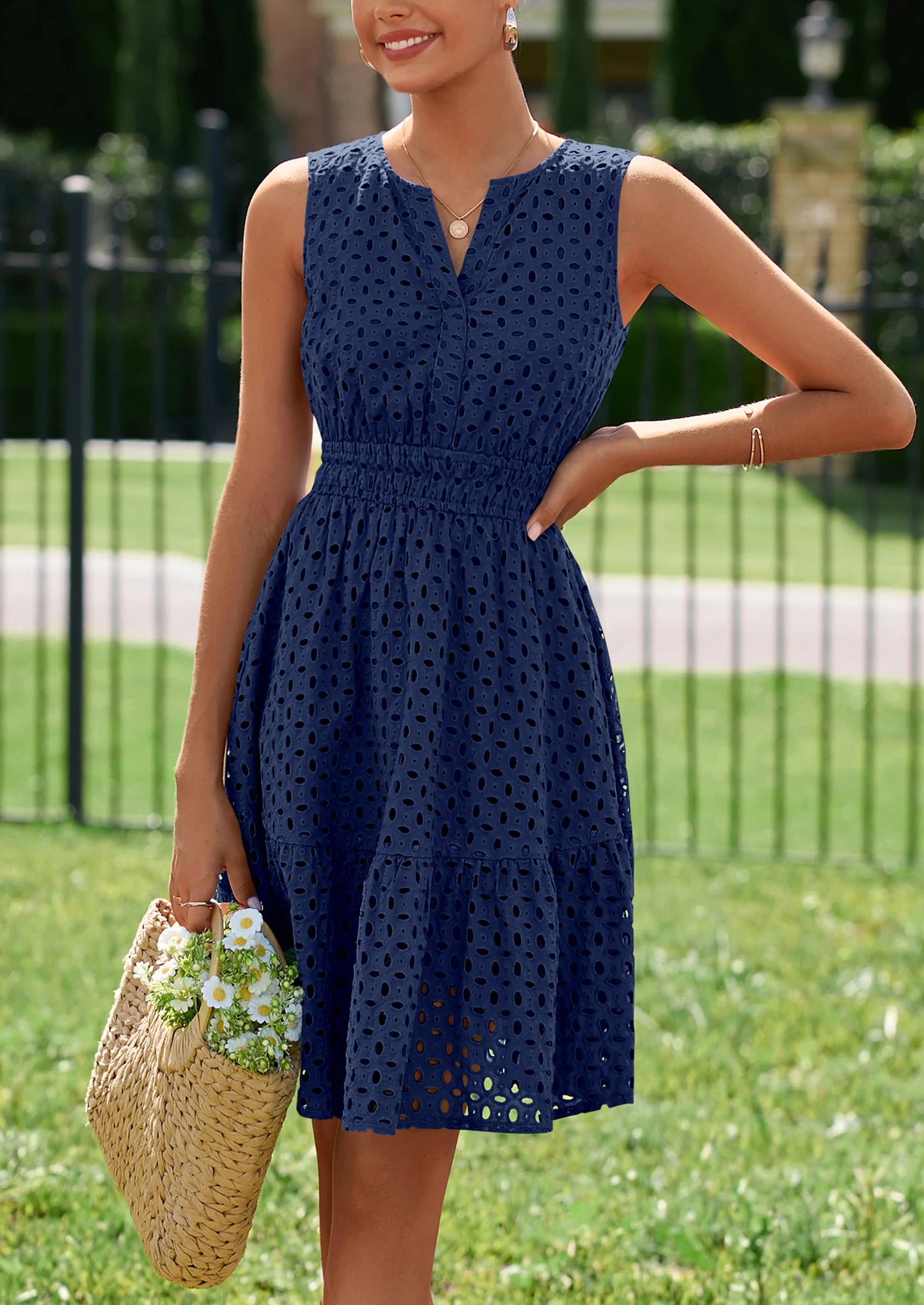 Women's Summer Dresses Sleeveless V Neck Eyelet Hollow Out Swing A Line Beach Vacation Sun Dress
