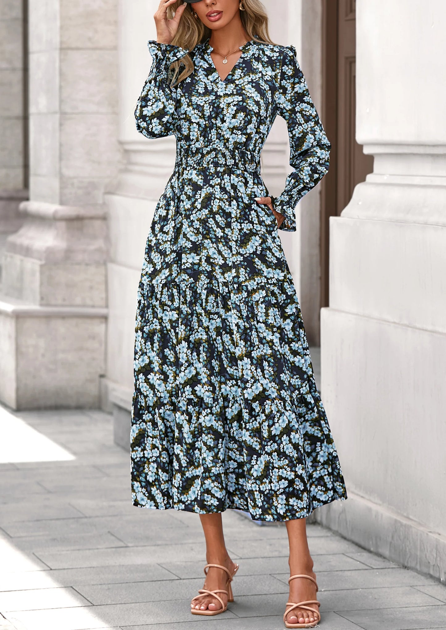 Women's Floral Maxi Dress Spring Long Sleeve V Neck Casual A Line Long Flowy Boho Party Dresses