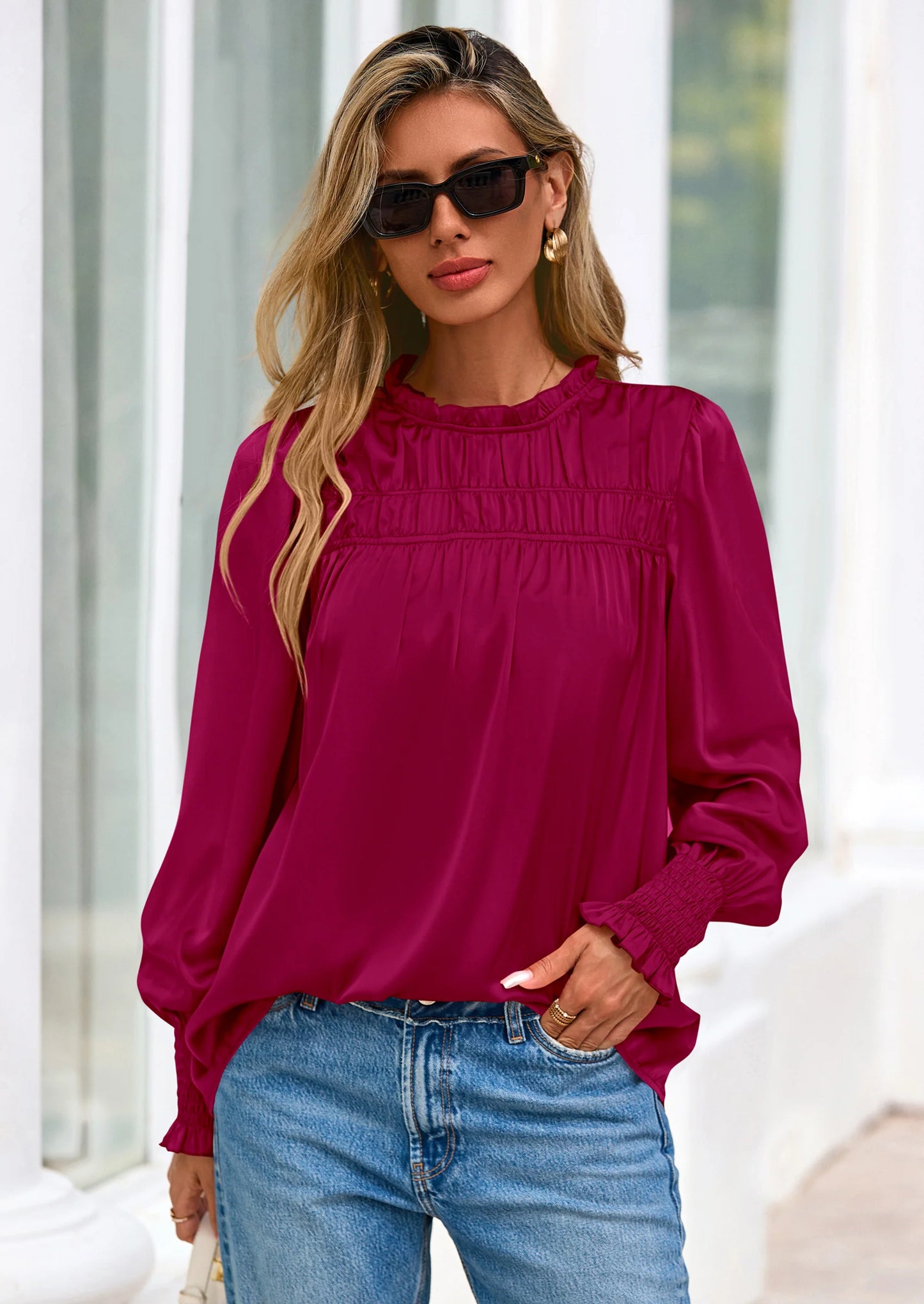 Blouses for Women Dressy Casual Fall Outfits Frill Neck Long Sleeve Shirts Satin Work Business Casual Tops