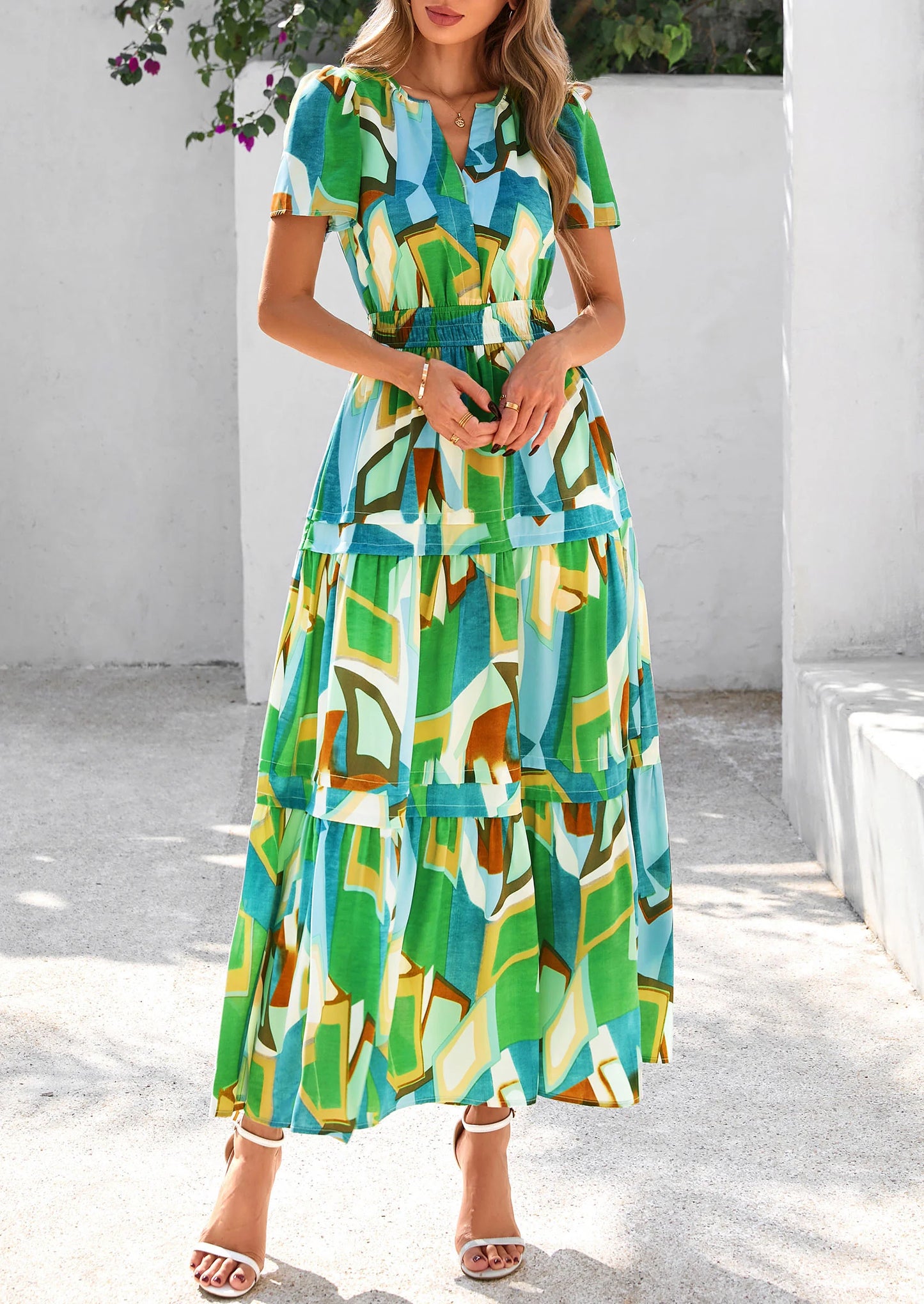 Women's Boho Maxi Dresses Floral Short Sleeve V Neck A Line Tiered Flowy Long Beach Vacation Dress