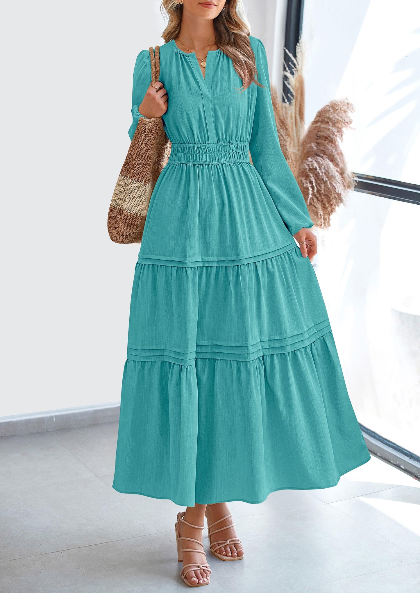 Women's Elegant Maxi Dresses Long Sleeve V Neck Flowy Pockets Casual Modest Dress Fall Fashion Clothes