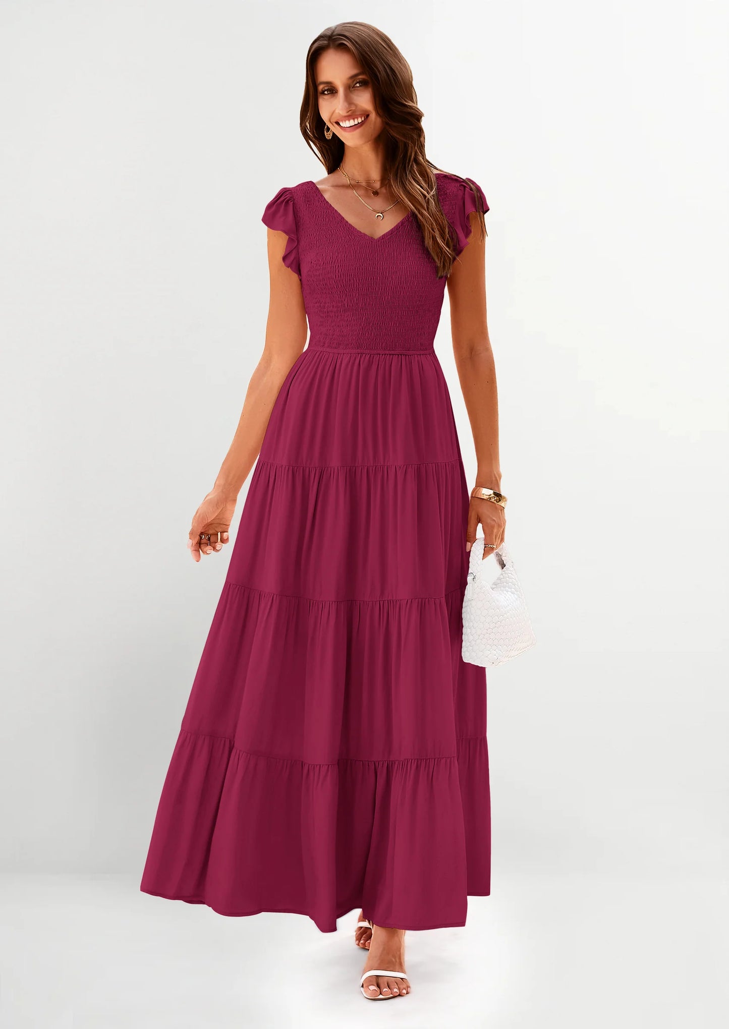 Women's Flowy Maxi Dress Casual Cap Sleeve V Neck Smocked Beach Sundress