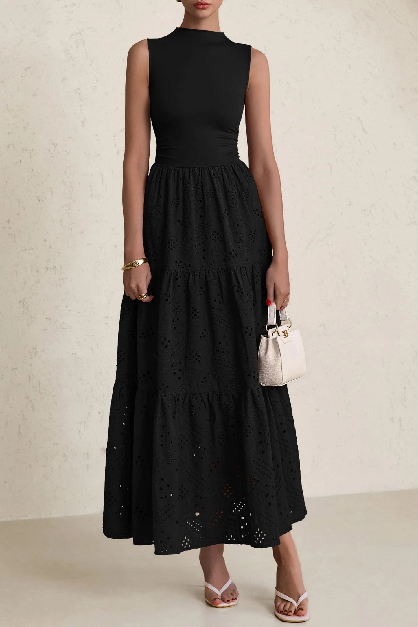 Dresses for Women Casual Eyelet Sleeveless Wedding Guest Maxi Dress Tank Top Sundress with Pockets