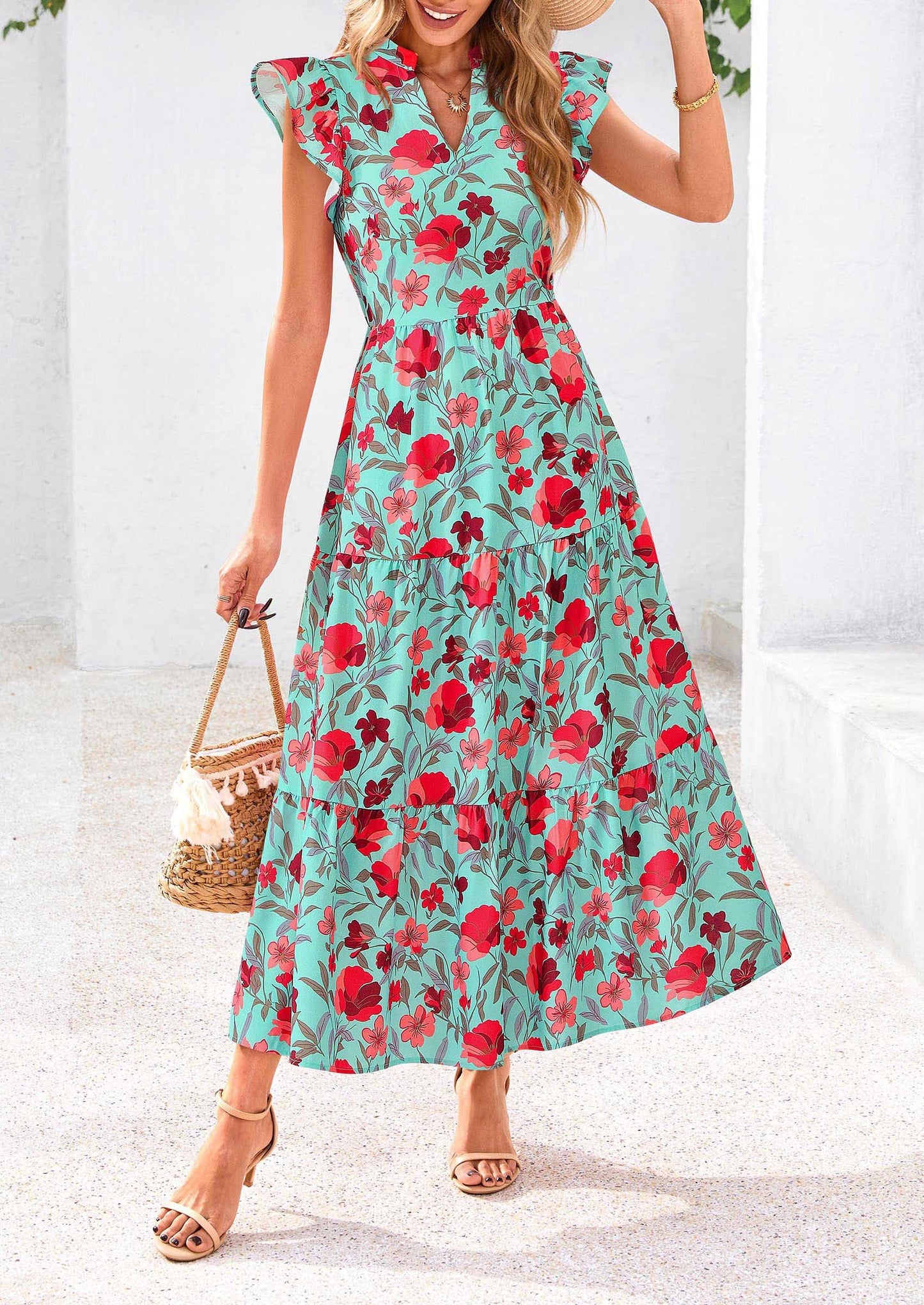 Women's Summer Floral Midi Dress Cap Sleeve V Neck Ruffle Long Flowy Boho Casual Beach Vacation Dresses