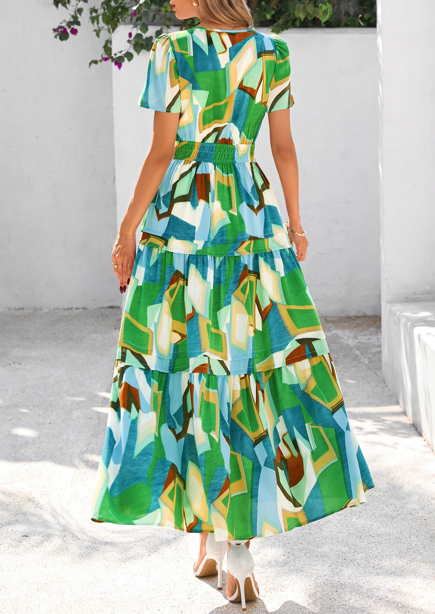 Women's Boho Maxi Dresses Floral Short Sleeve V Neck A Line Tiered Flowy Long Beach Vacation Dress