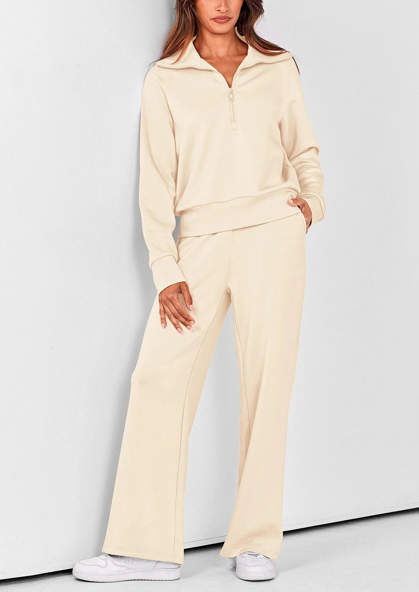 Women's 2 Piece Outfits Casual Lapel Half Zip Sweatshirts And Wide Leg Pants Tracksuit Sets