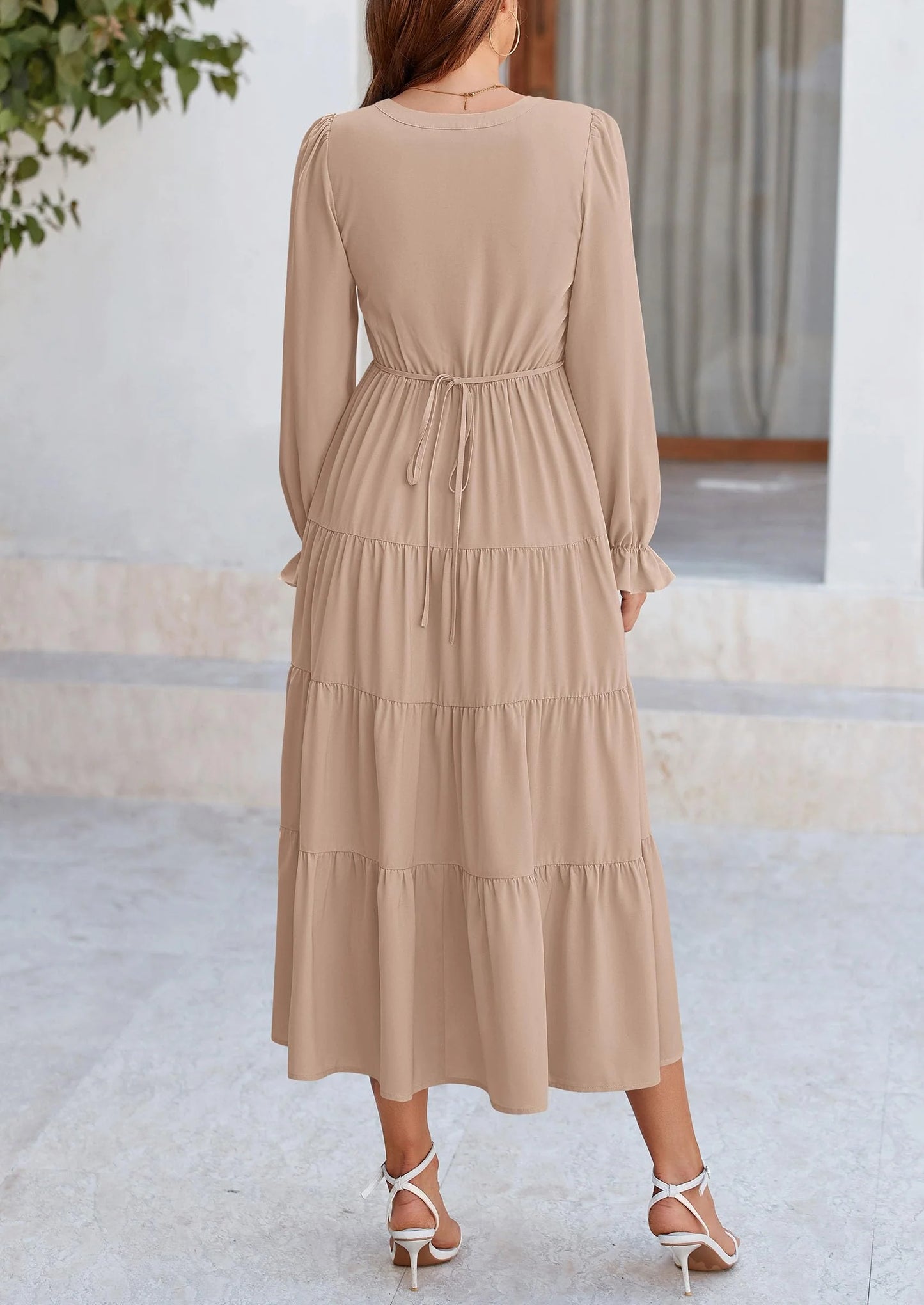 Women Fall Long Sleeve Smocked Maxi Dress Casual Square Neck Swiss Dot Tiered Ruffle Flowy Spring Pocket Dresses