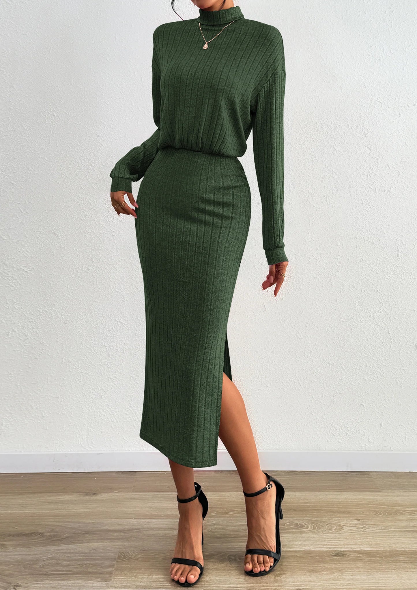 Turtle Neck Dresses for Women Fall Knit Outfits Slit Elastic Waist Long Sleeve Bodycon Midi Sweater Dress