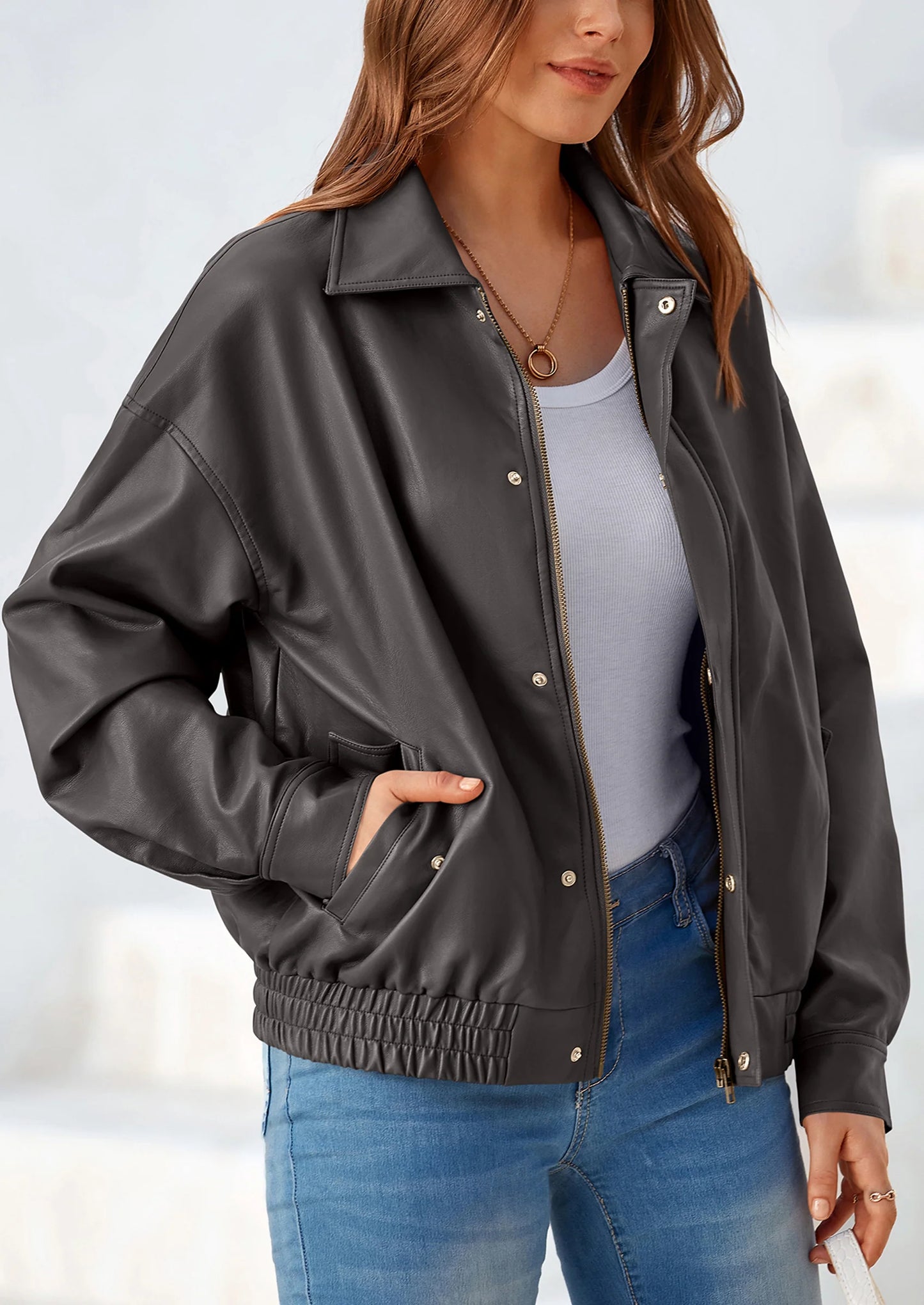Women's Faux Leather Motorcycle Jacket Trendy Fall Spring Clothes Oversized Zip Up Winter Coat Outerwear