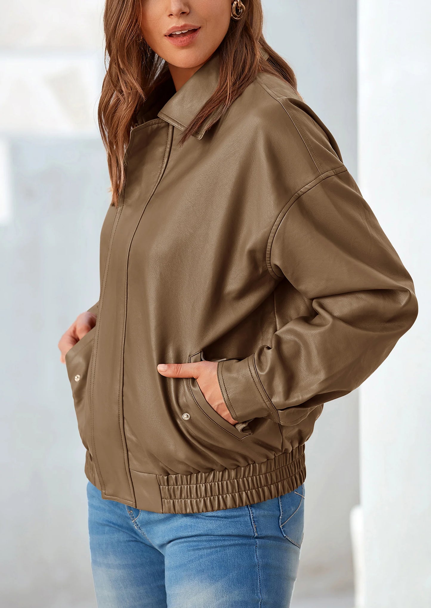 Women's Faux Leather Motorcycle Jacket Trendy Fall Spring Clothes Oversized Zip Up Winter Coat Outerwear