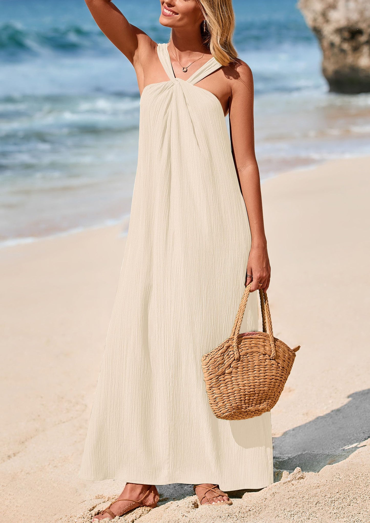 Womens Casual Long Summer Dresses Sleeveless Strappy Loose Flowy Beach Vacation Maxi Dress with Pockets