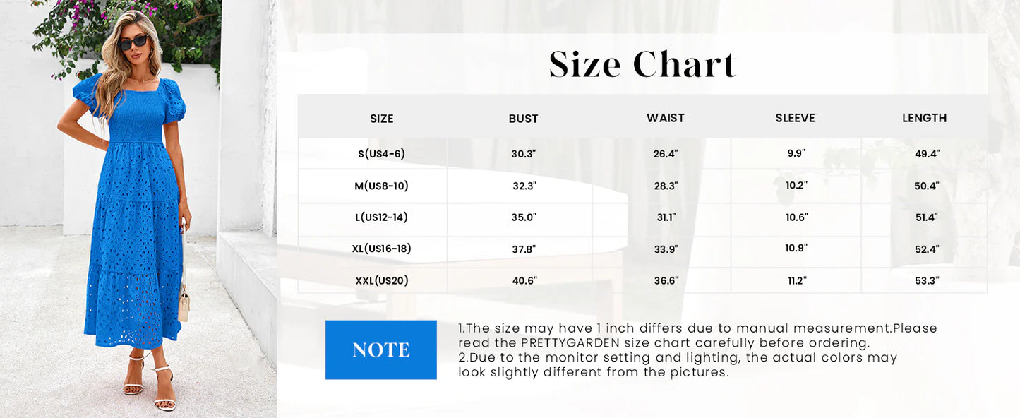 Dresses for Women Eyelet Square Neck Puff Sleeve Smocked Wedding Guest Maxi Dress with Pockets