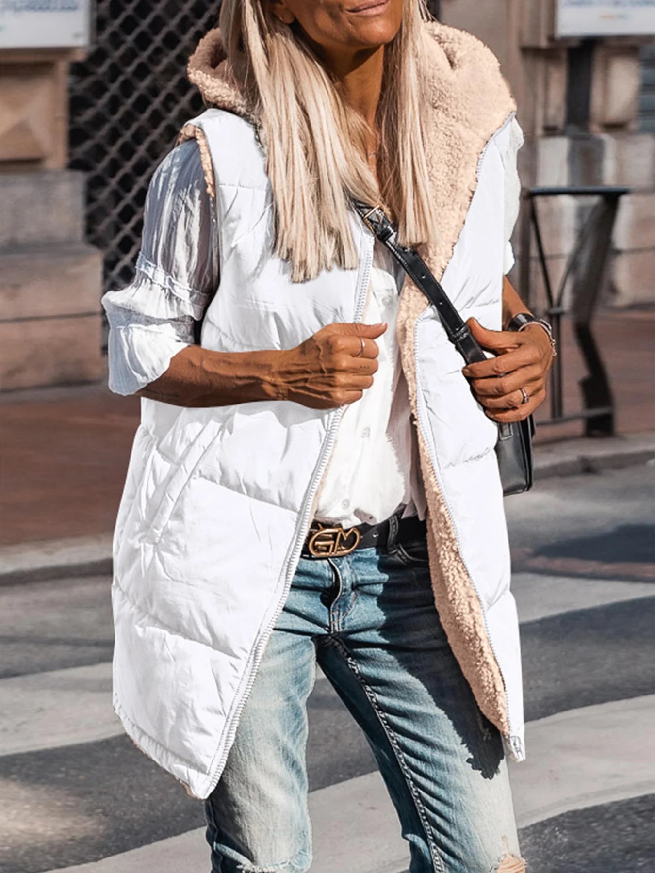 Womens Fall Reversible Vests Sleeveless Fleece Jacket Zip Up Hoodie Pockets Long Warm Winter Coat Outerwear