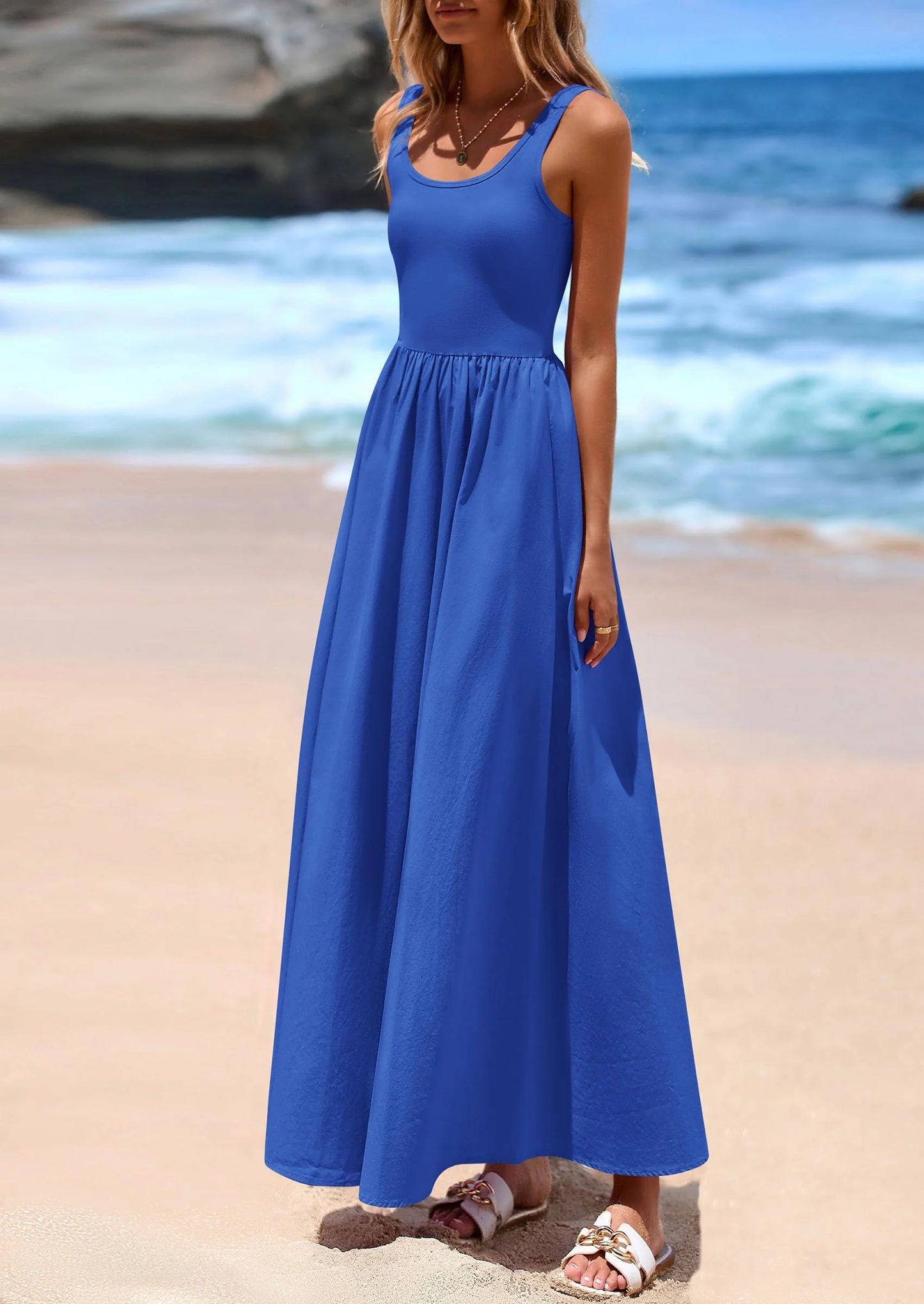 Womens Summer Casual Scoop Neck Sleeveless Long Dresses Tank Top Patchwork Aline Swing Maxi Dress with Pockets