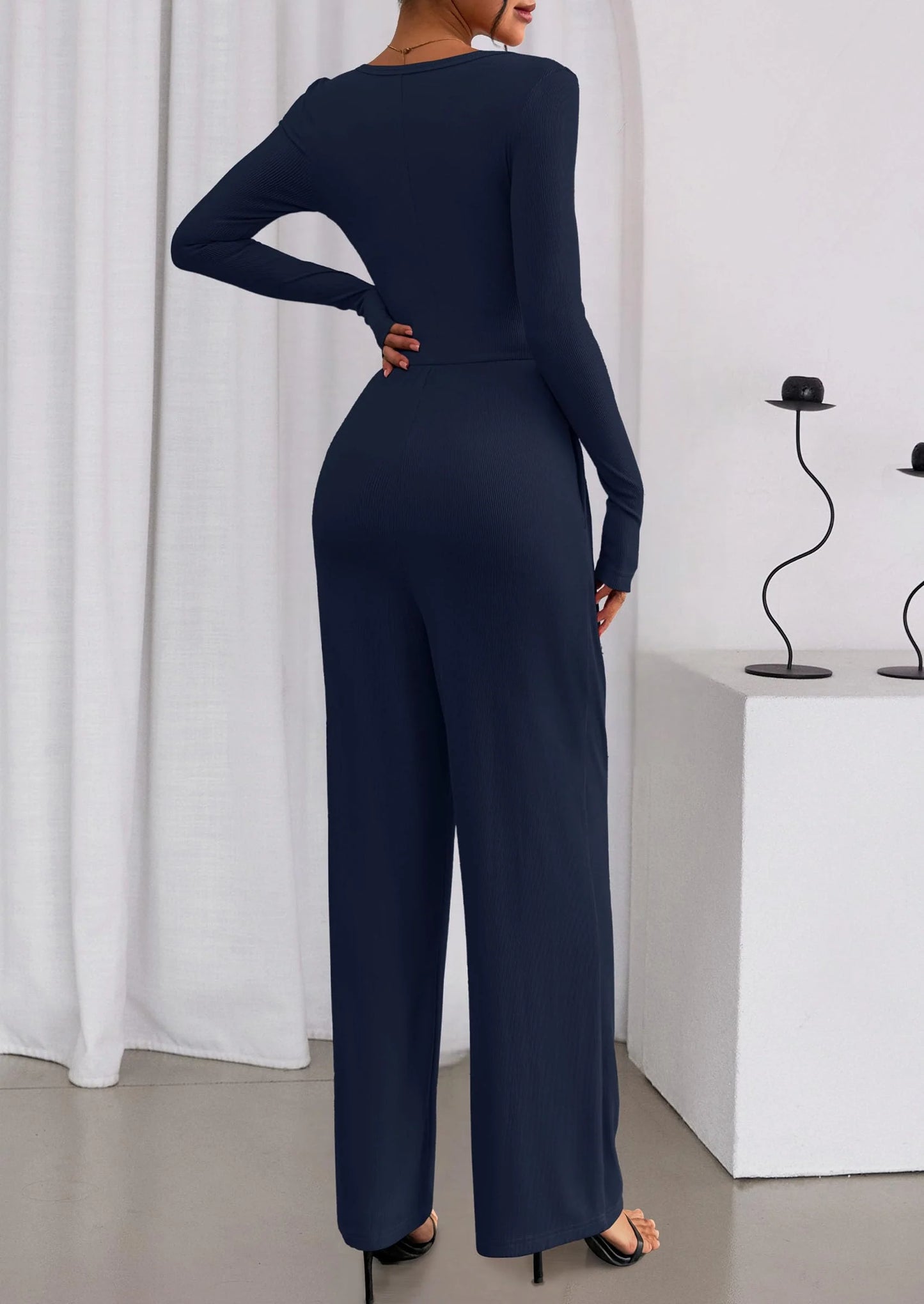 Jumpsuits for Women Dressy Casual Fall One Piece Outfits Long Sleeve Crew Neck Wide Leg Pants Rompers