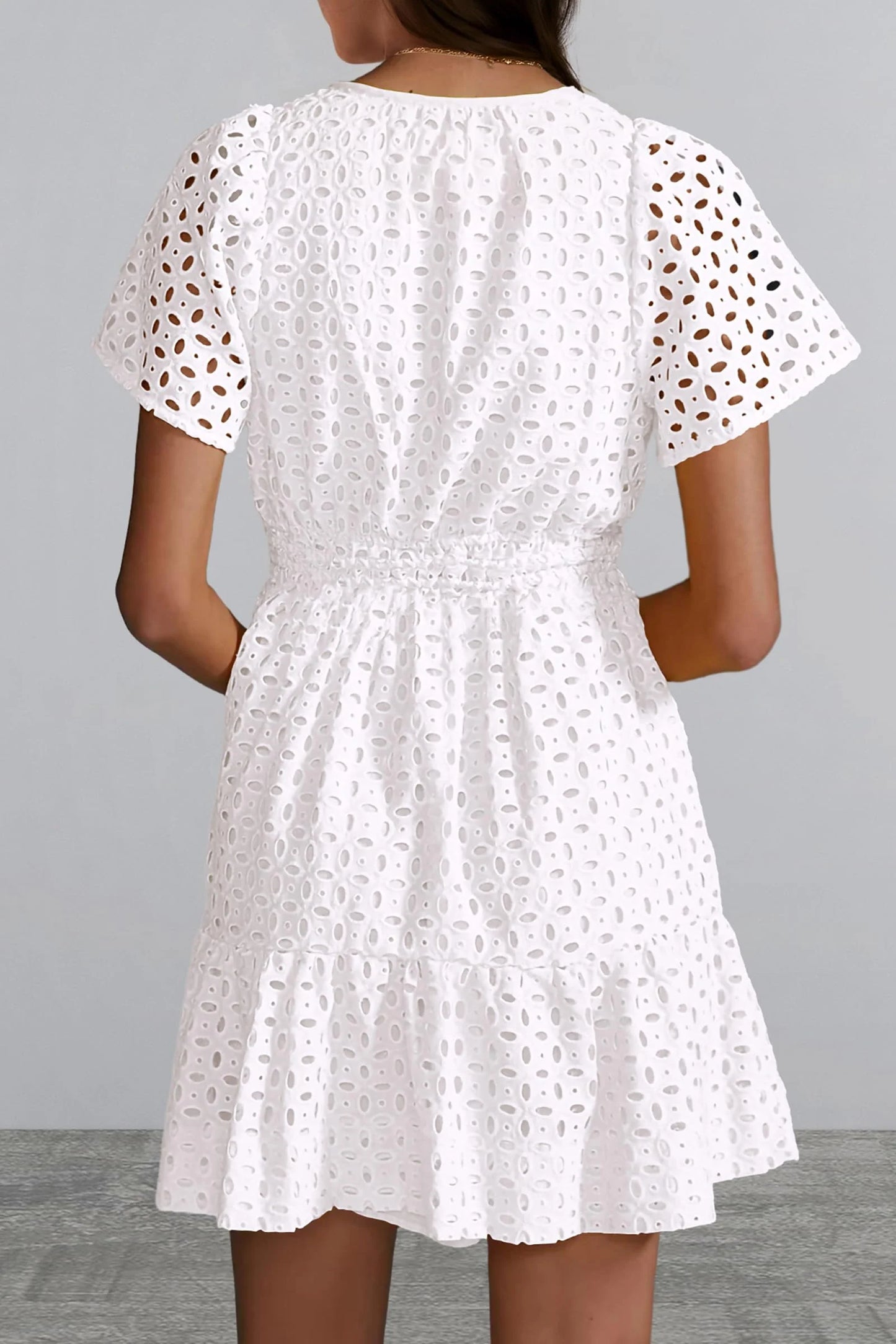 Women Summer Short Dress V Neck Short Sleeve A Line Hollow Out Lace Ruffle Cute Casual Beach Party Dresses