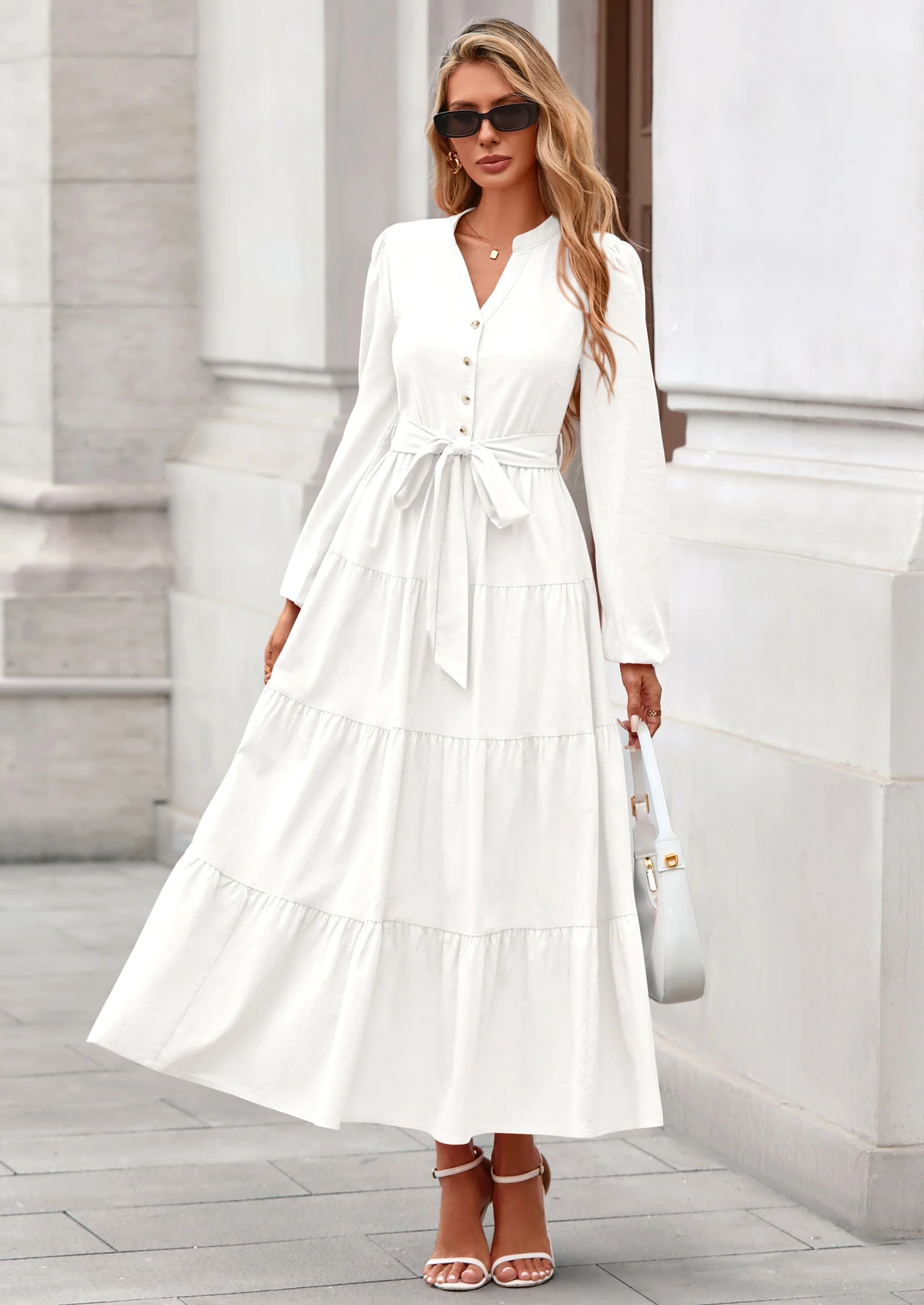Fall Dresses for Women Long Sleeve V Neck Belted Ruffle A Line Flowy Boho Maxi Wedding Guest Dress Pockets