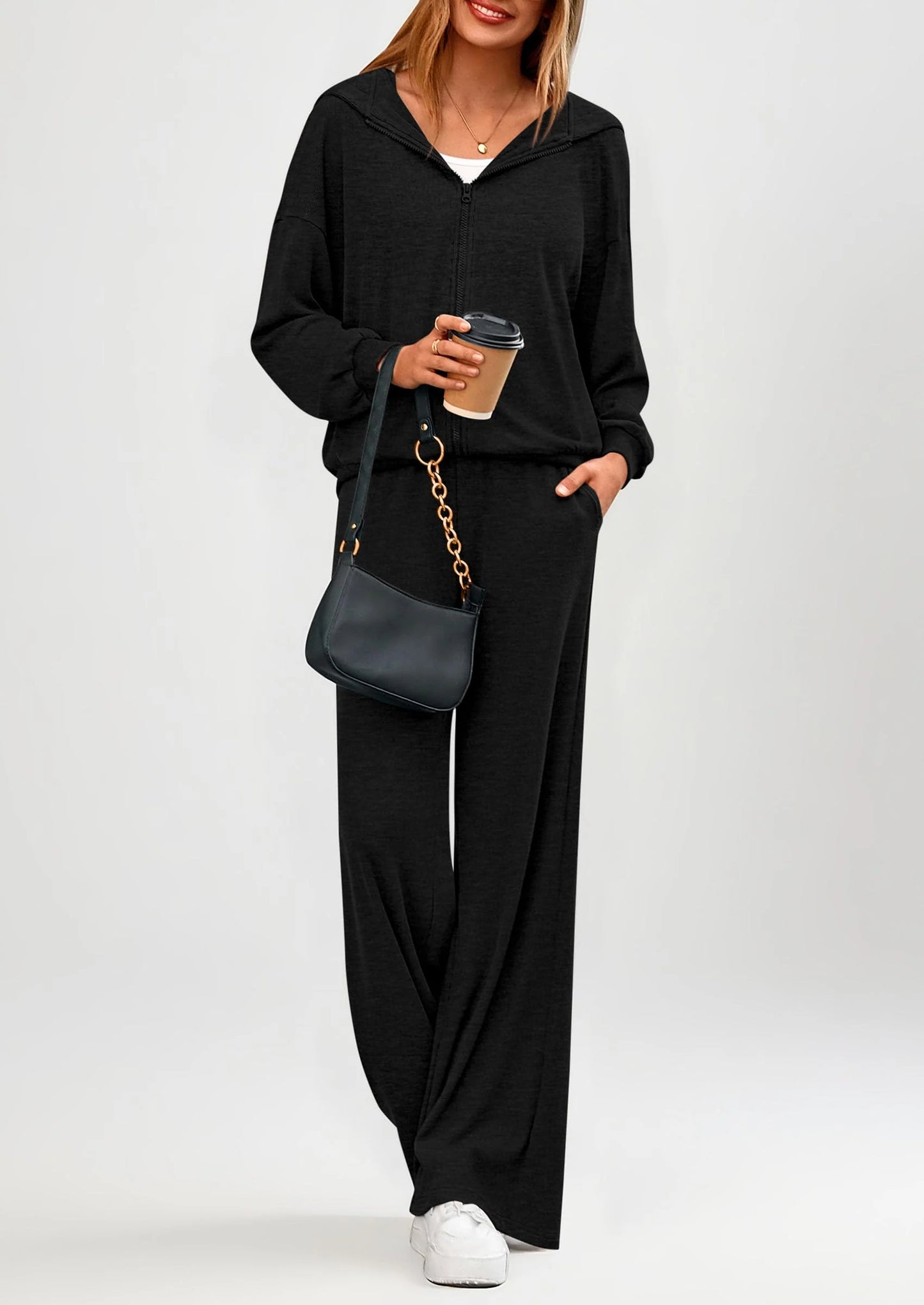 Women's 2 Piece Fall Lounge Sets Zip Up Hoodie Wide Leg Pants Tracksuit Matching Travel Outfits Clothes