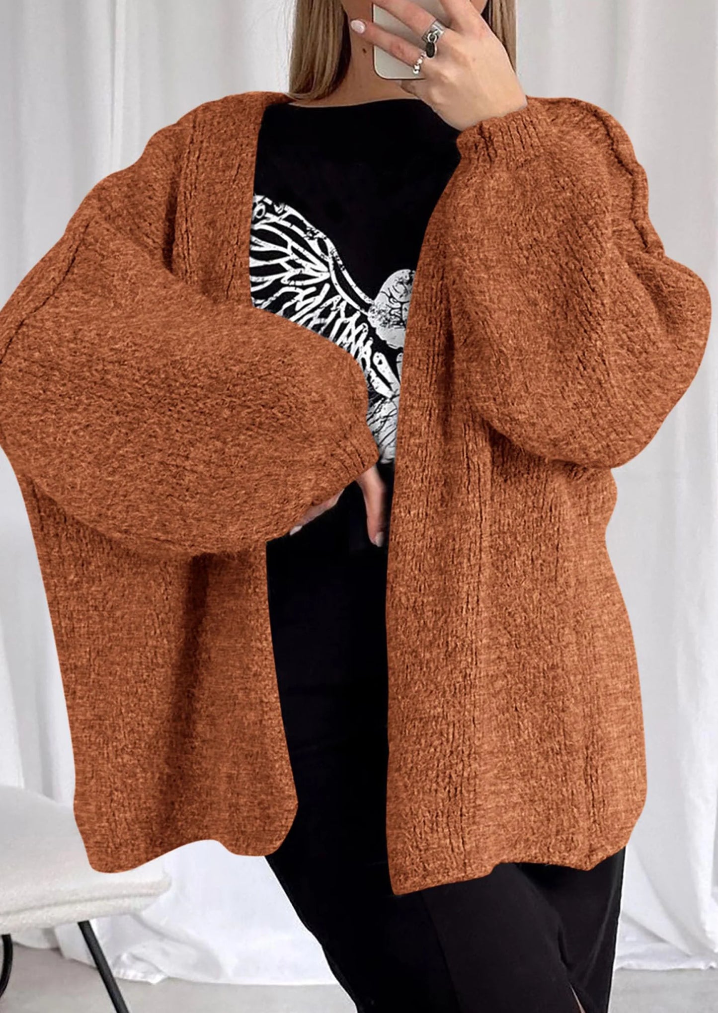 Womens Oversized Cardigan Sweaters Fall Long Lantern Sleeve Knit Open Front Lightweight Sweater