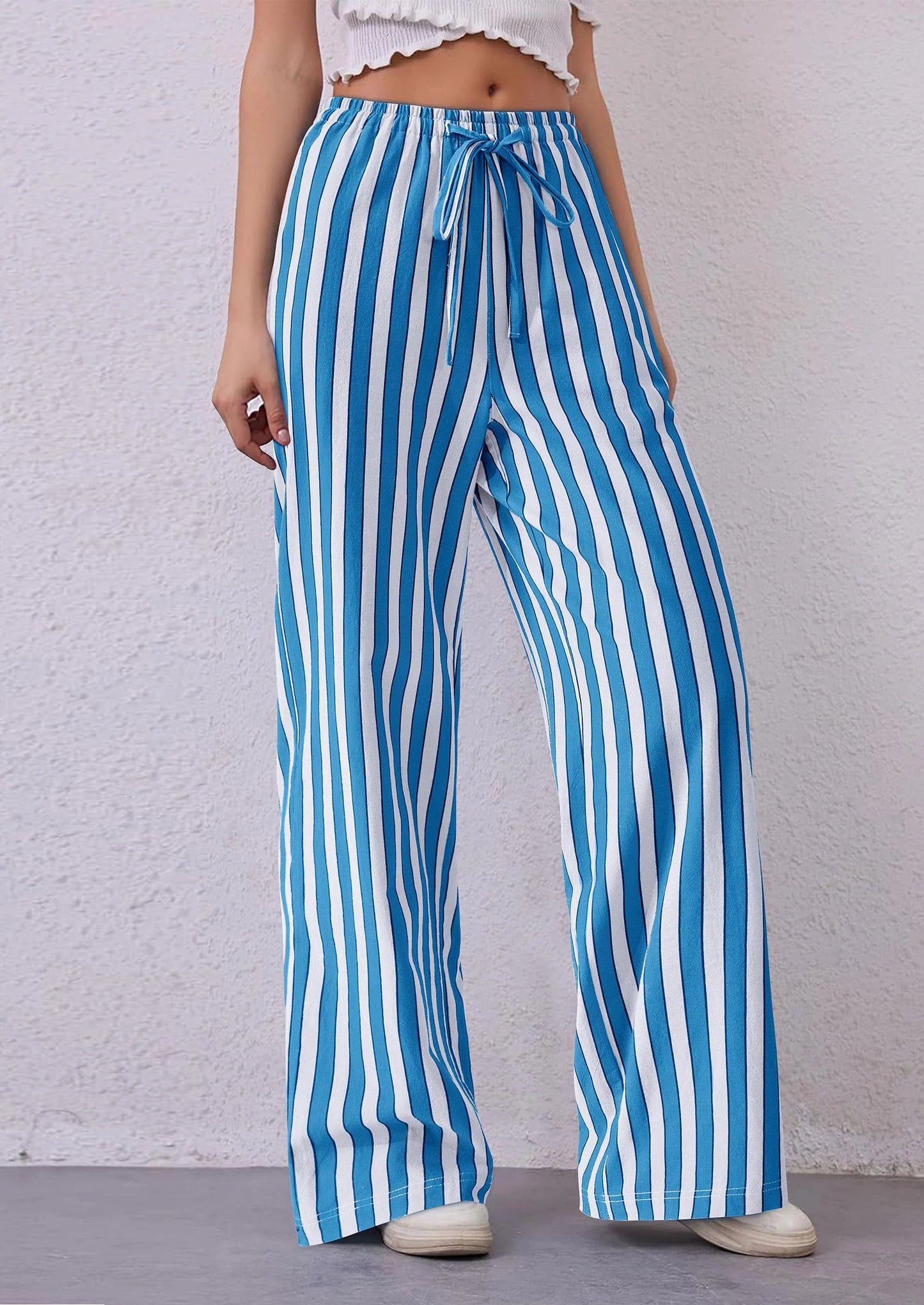 Women's Summer Striped Wide Leg Lounge Pants Trendy Clothes Drawstring Elastic Waist Comfy Pajama Bottoms