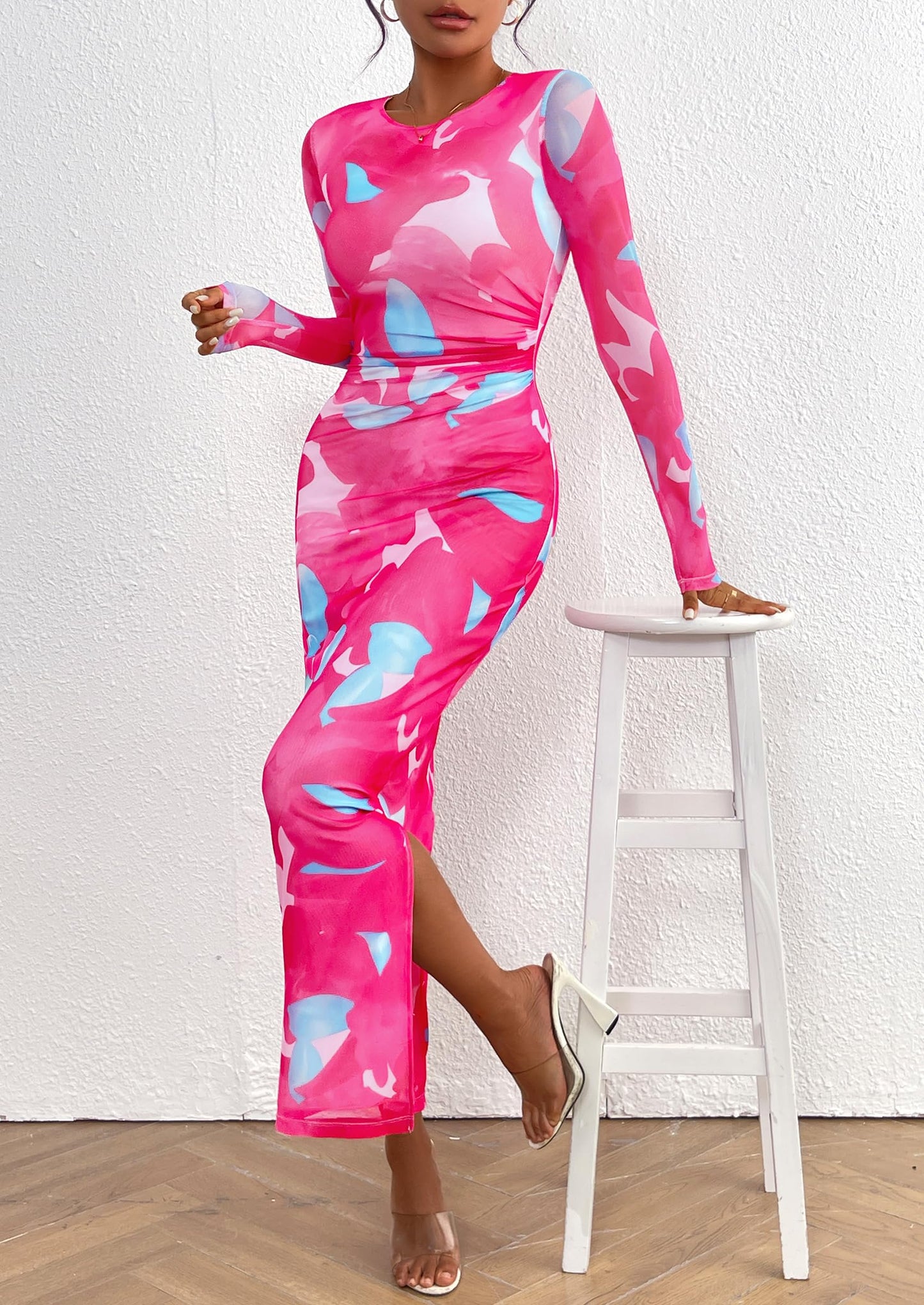 Women's Bodycon Maxi Dress Fall Spring Fashion Long Sleeve Floral Print Tight Fitted Party Club Ruched Dresses