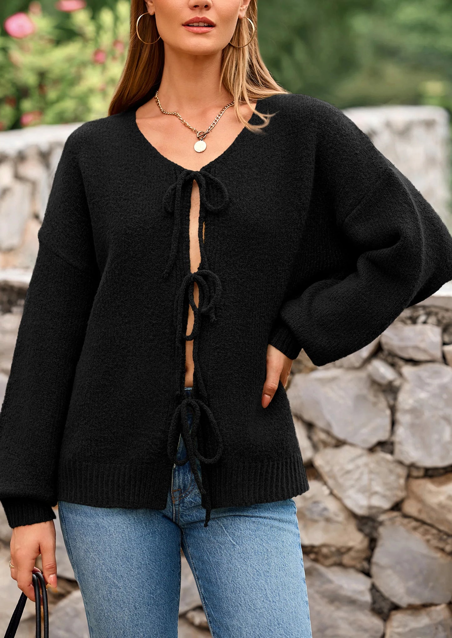 Women's Tie Front Bow Cardigan Sweaters Chunky Knit Long Puff Sleeve Trendy Fall Winter Jacket Coats