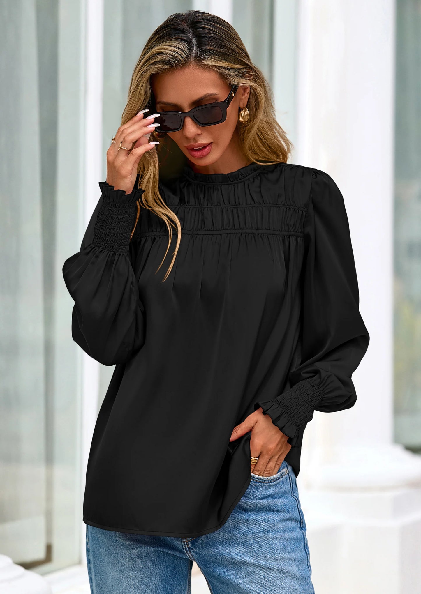 Blouses for Women Dressy Casual Fall Outfits Frill Neck Long Sleeve Shirts Satin Work Business Casual Tops