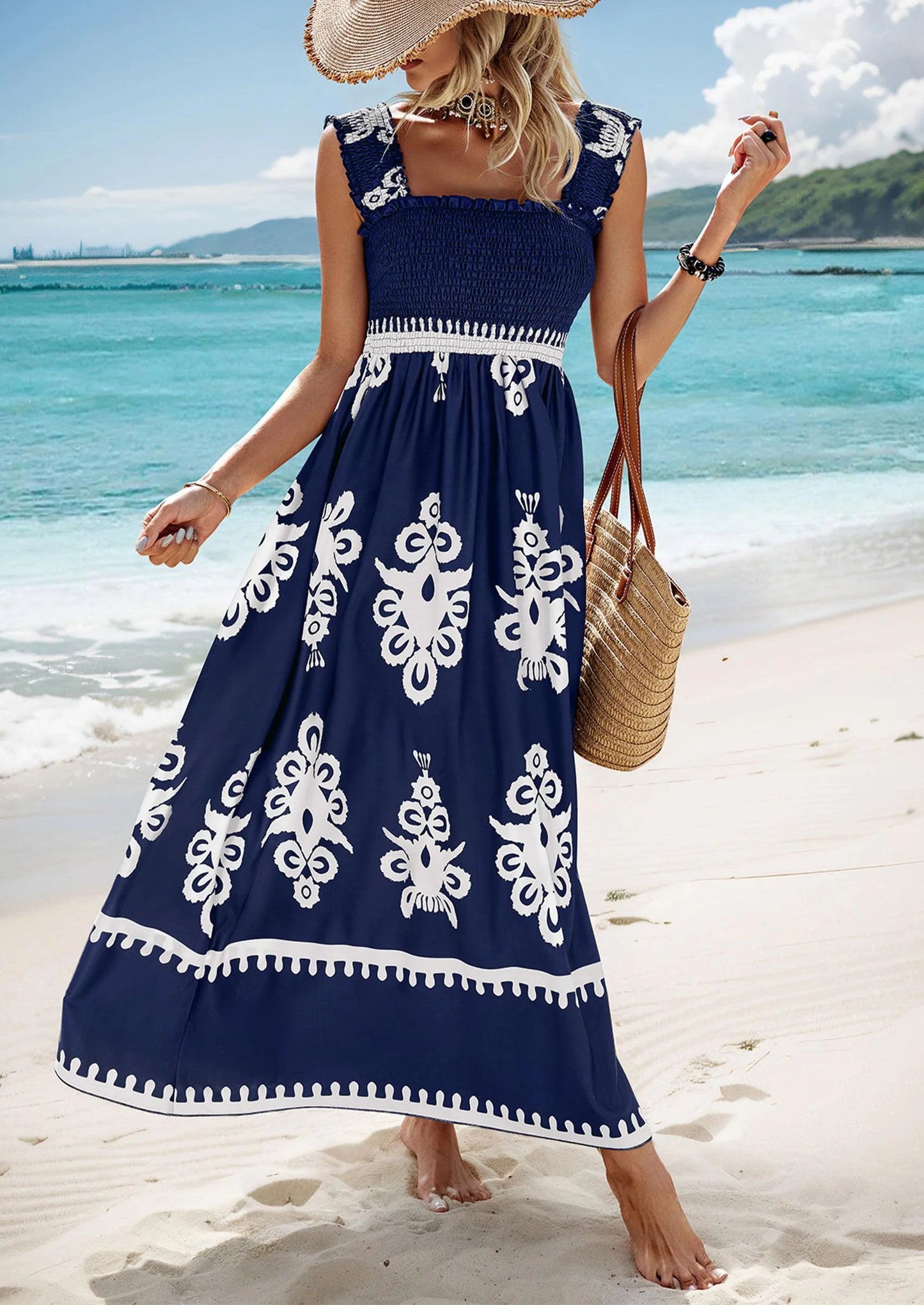 Womens Summer Boho Maxi Dress Casual Sleeveless Square Neck Floral Aline Smocked Beach Dresses with Pockets