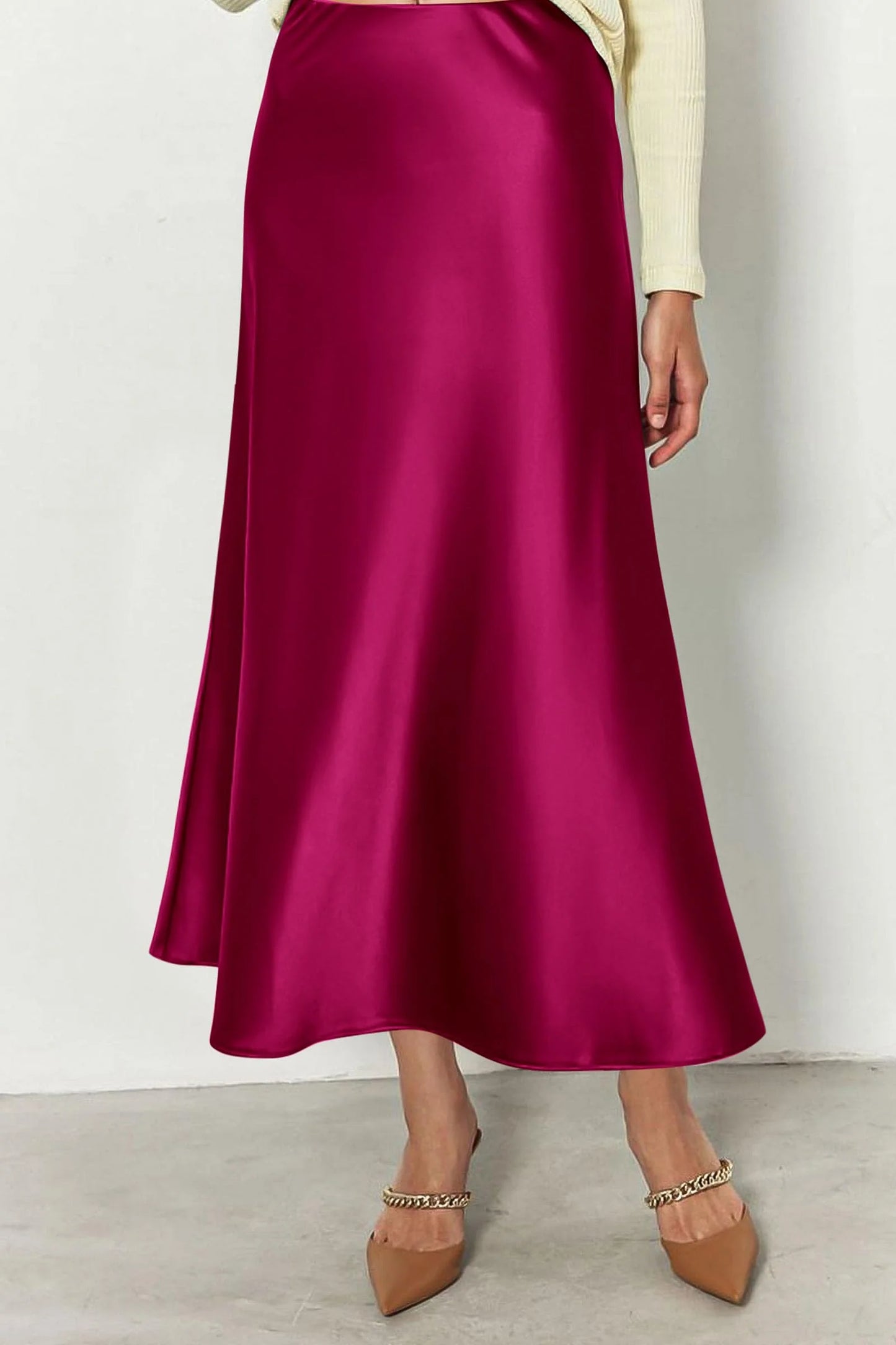 Women's Satin Skirts Dressy Casual Fall High Waisted Cocktail Wedding Flowy Elegant A Line Midi Skirt