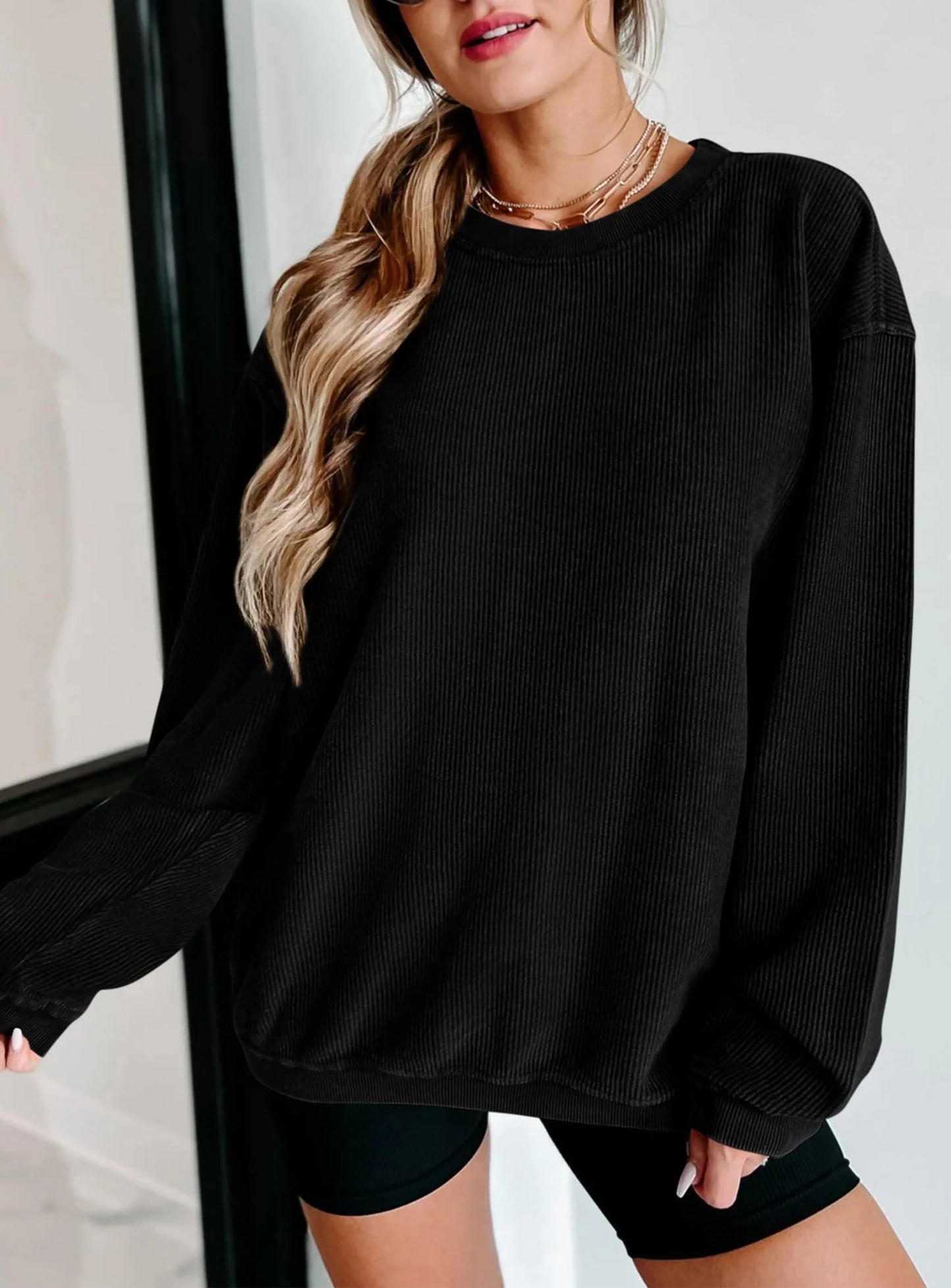 Women's Oversized Sweatshirt 2025 Fall Fashion Clothes Ribbed Corduroy Long Sleeve Going Out Pullover Tops