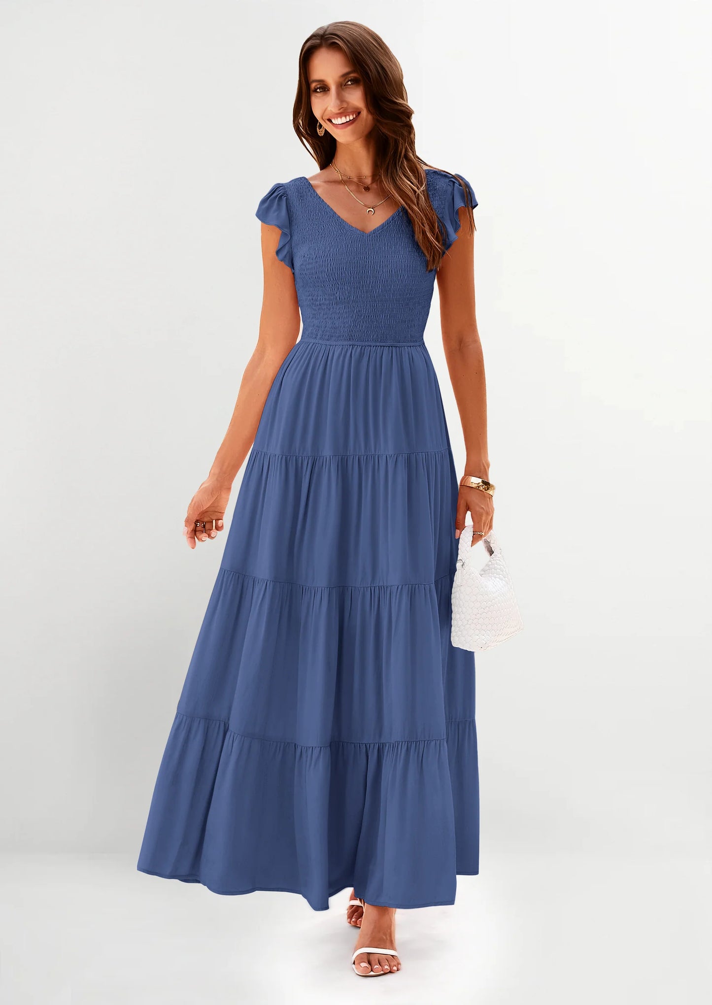 Women's Flowy Maxi Dress Casual Cap Sleeve V Neck Smocked Beach Sundress