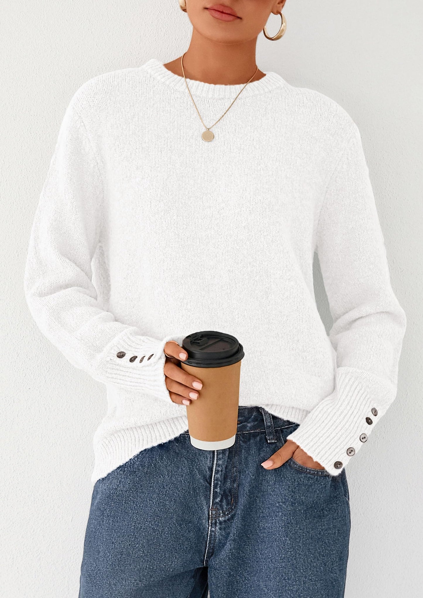 Womens Sweaters Fall Fashion Casual Crewneck Pullover Button Long Sleeve Cute Knit Tops Winter Clothes