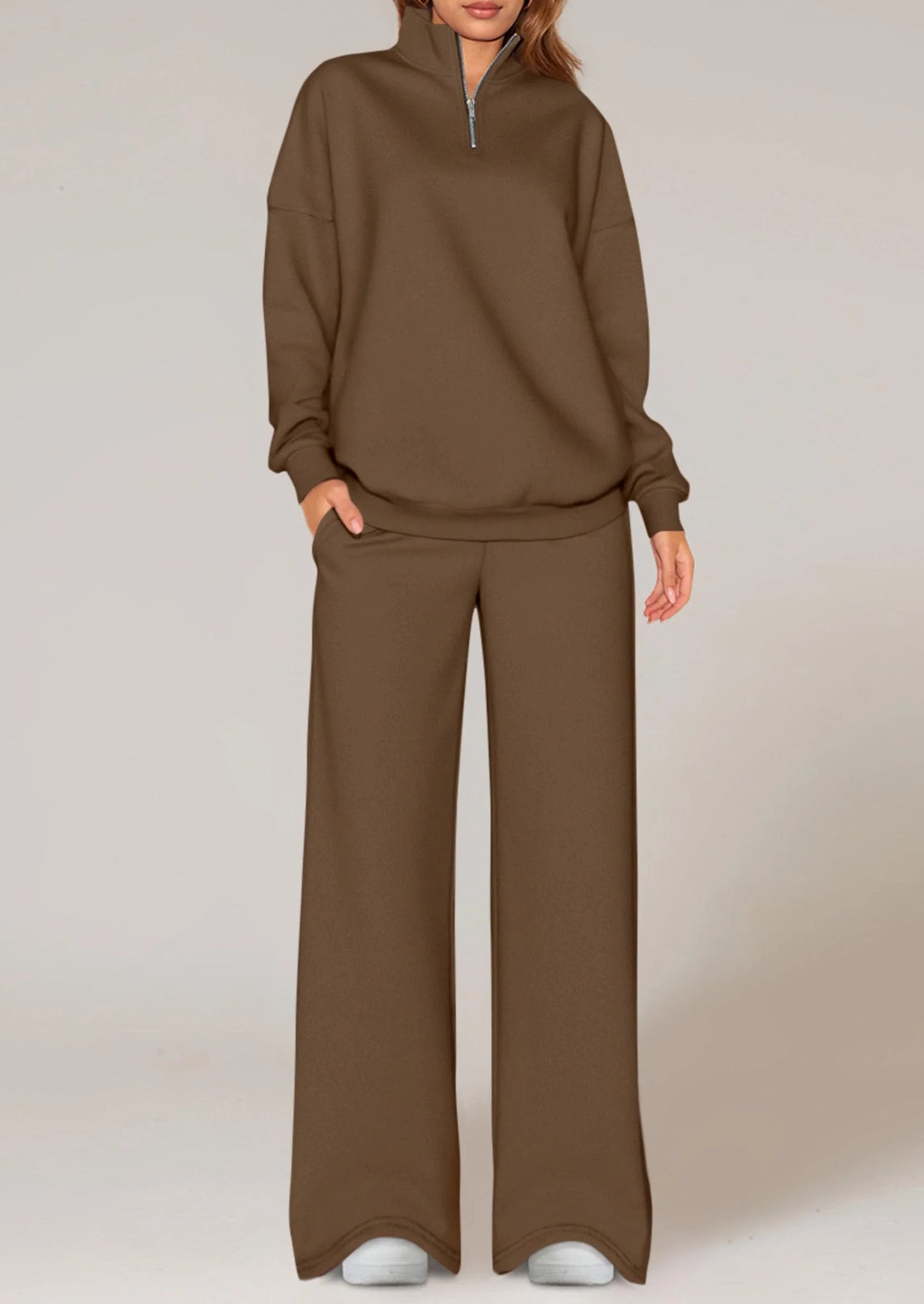 Womens Casual Two Piece Sets Fall Outfits Quarter Zip Sweatshirts Straight Leg Pants Sweatsuits Tracksuit