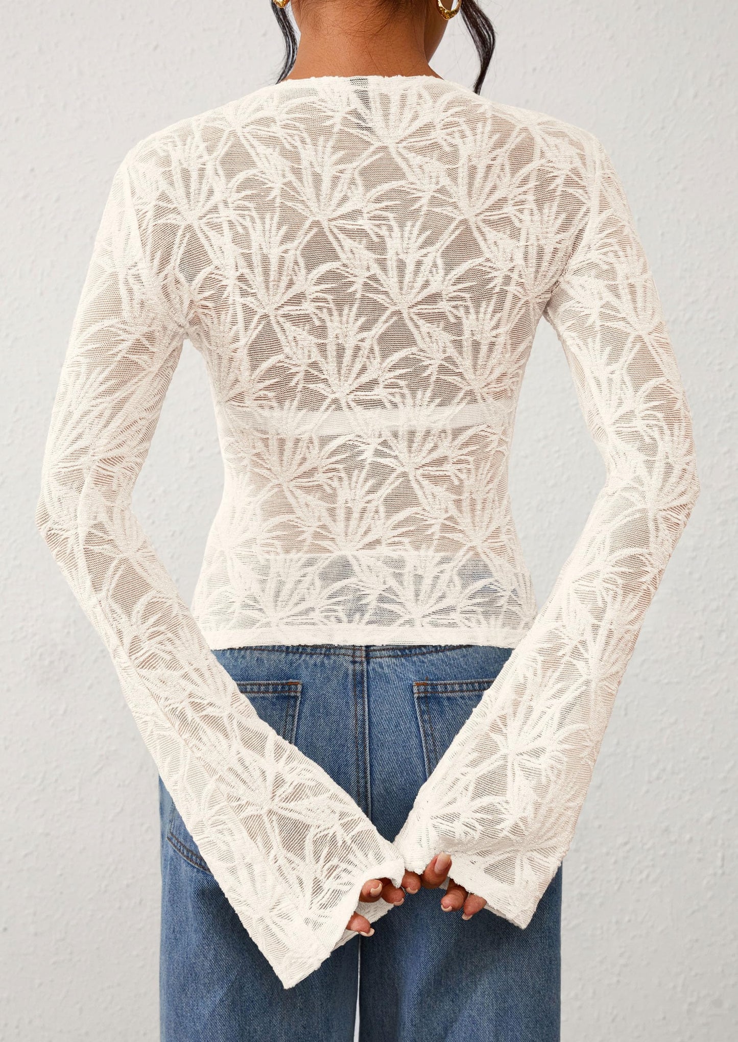 Womens Lace Long Bell Sleeve Tops Fall Sexy See Through Sheer Floral Blouse Shirt Fitted Going Out Outfits